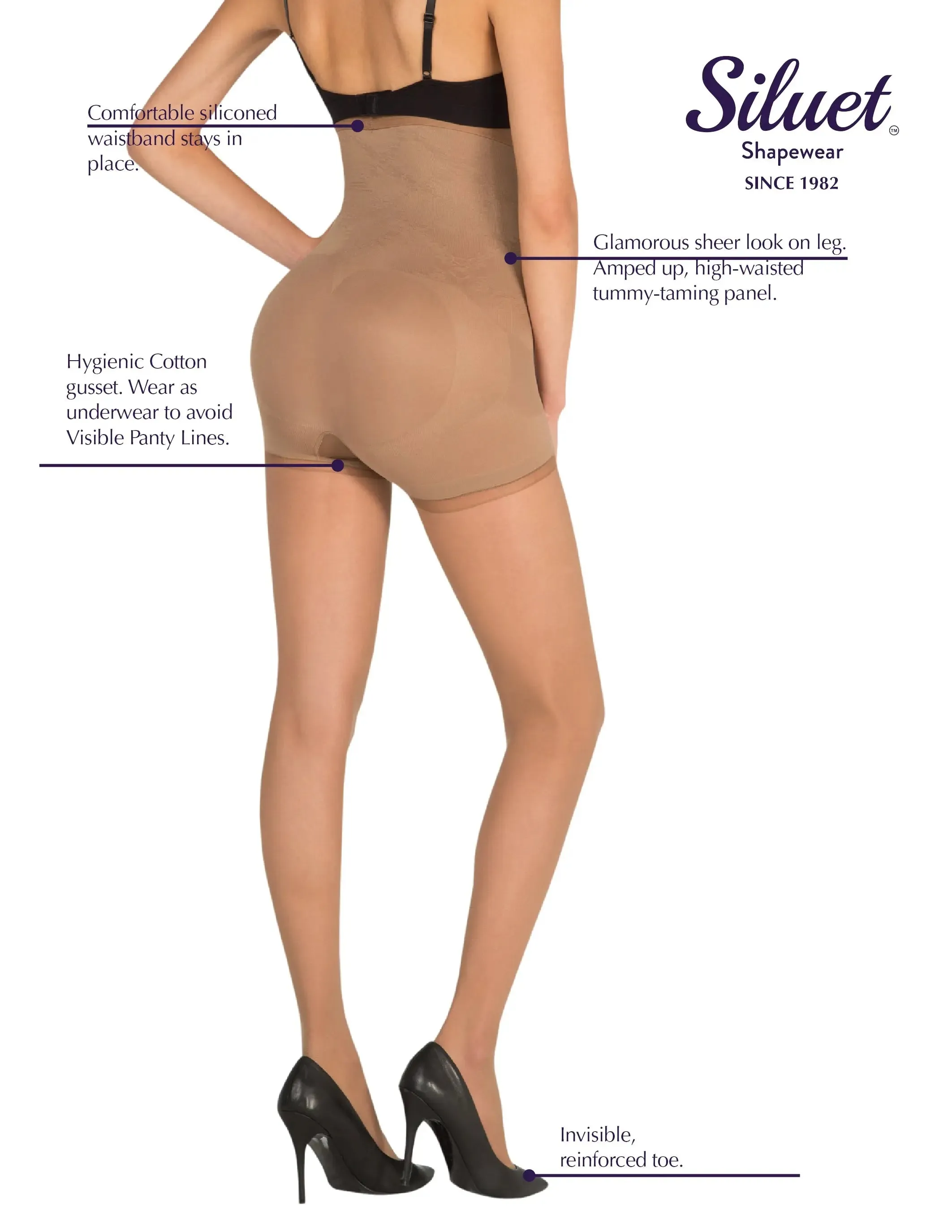 1T1824 High Waisted Tummy Taming Tights with Sheer Finish and Targeted Compression