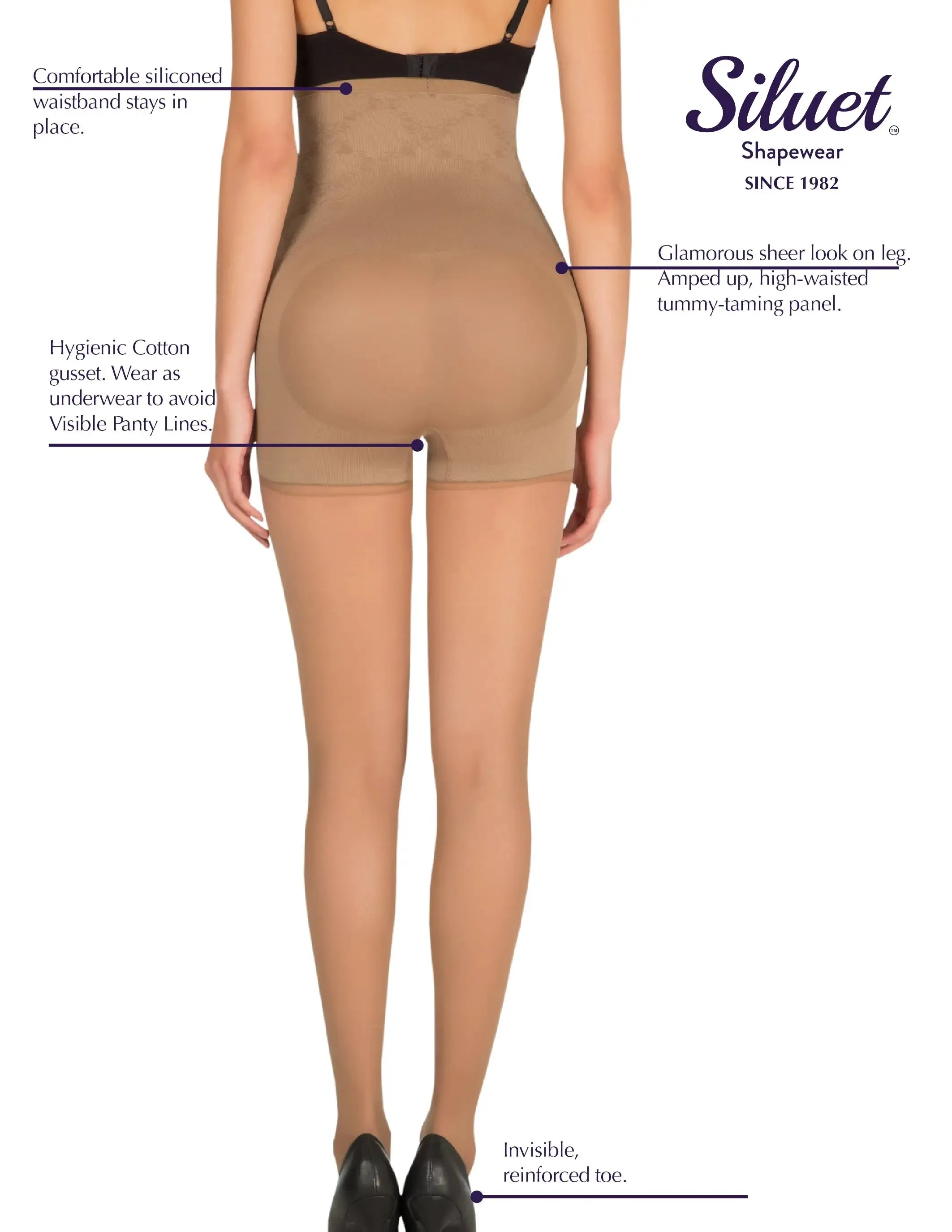 1T1824 High Waisted Tummy Taming Tights with Sheer Finish and Targeted Compression