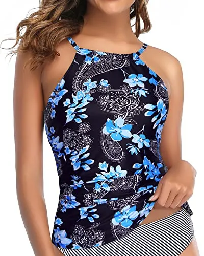 Adjustable Neck Tunnel And Straps Tankini Top For Women-Blue Floral