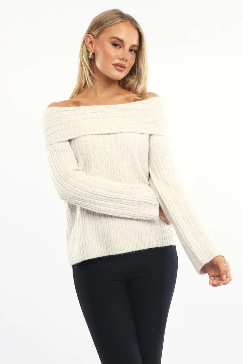 Beige Off Shoulder Knit Long Sleeve
