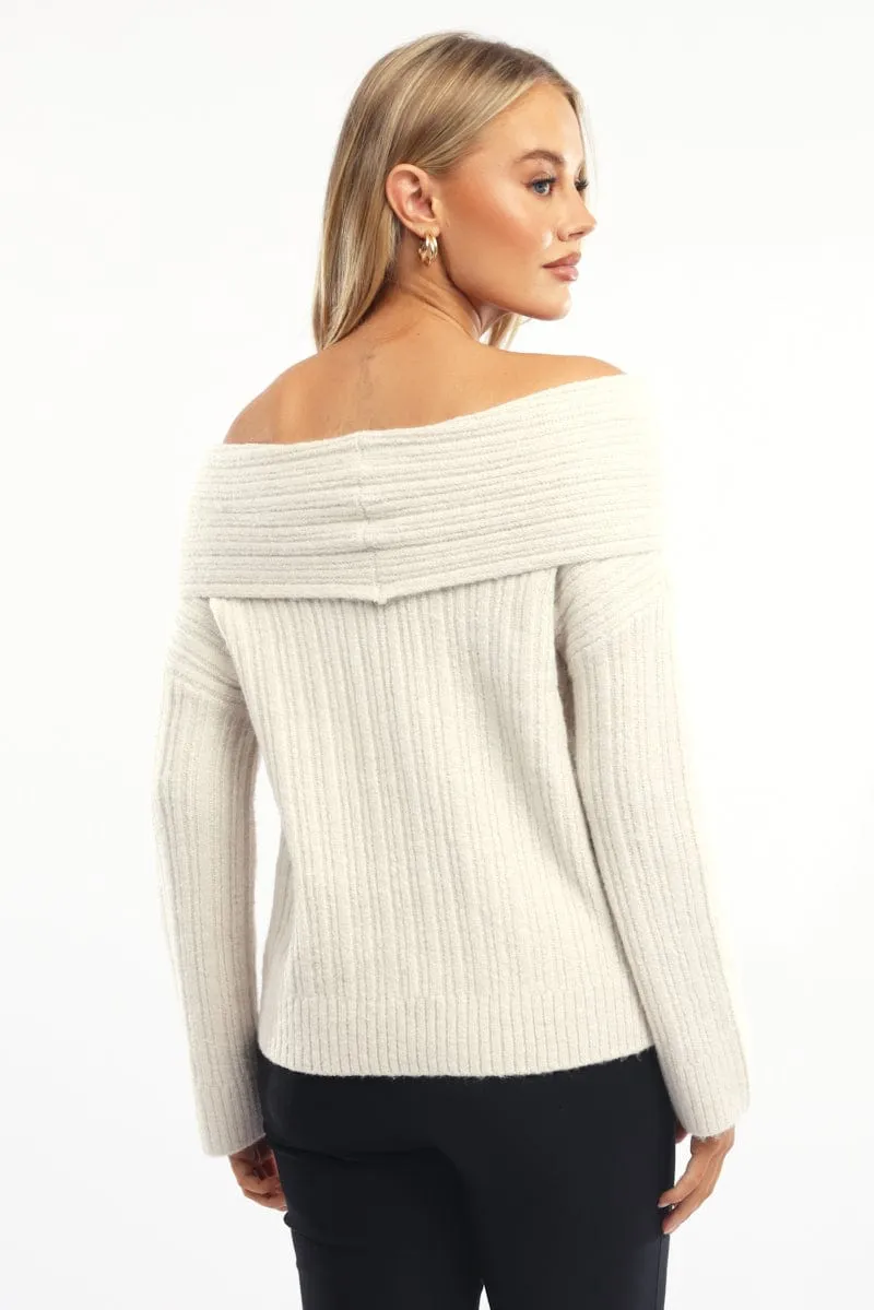 Beige Off Shoulder Knit Long Sleeve