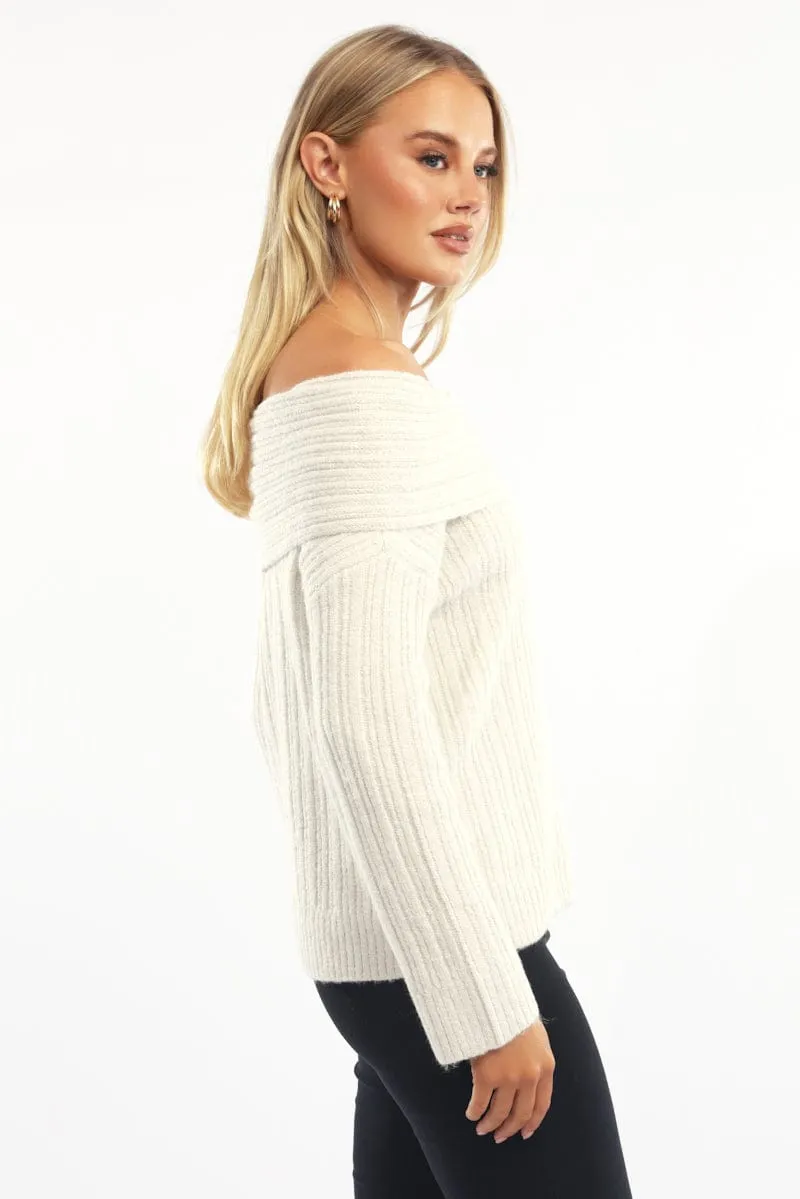 Beige Off Shoulder Knit Long Sleeve