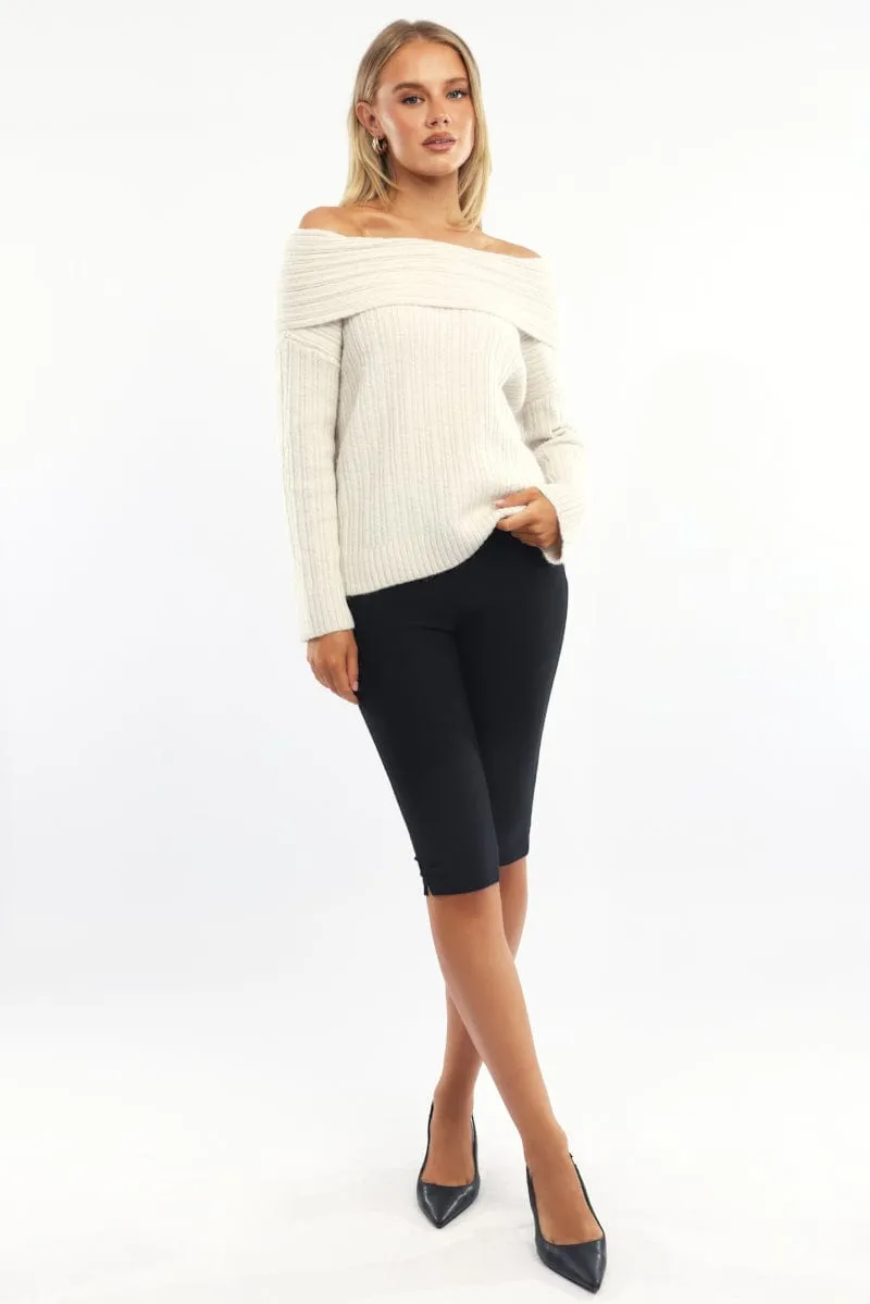 Beige Off Shoulder Knit Long Sleeve
