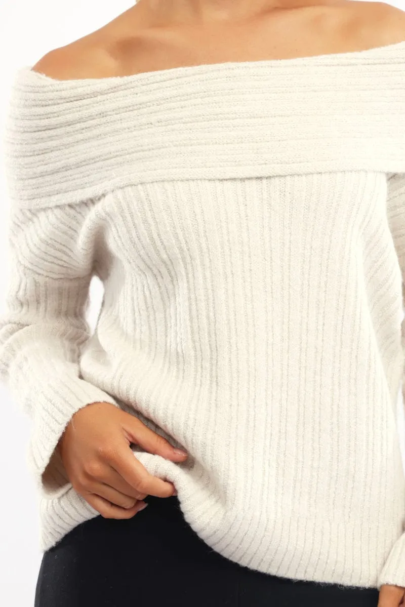 Beige Off Shoulder Knit Long Sleeve