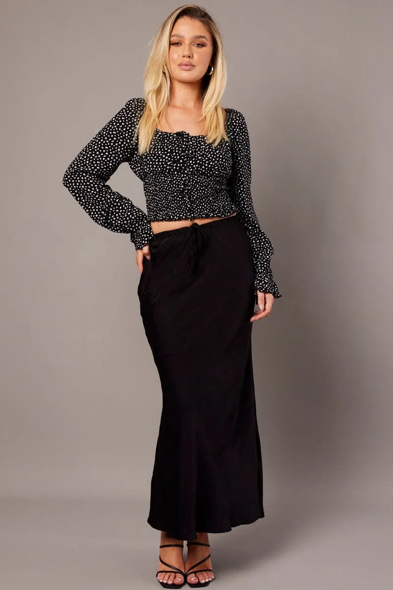 Black Ditsy Crop Top Long Sleeve Shirred Waist