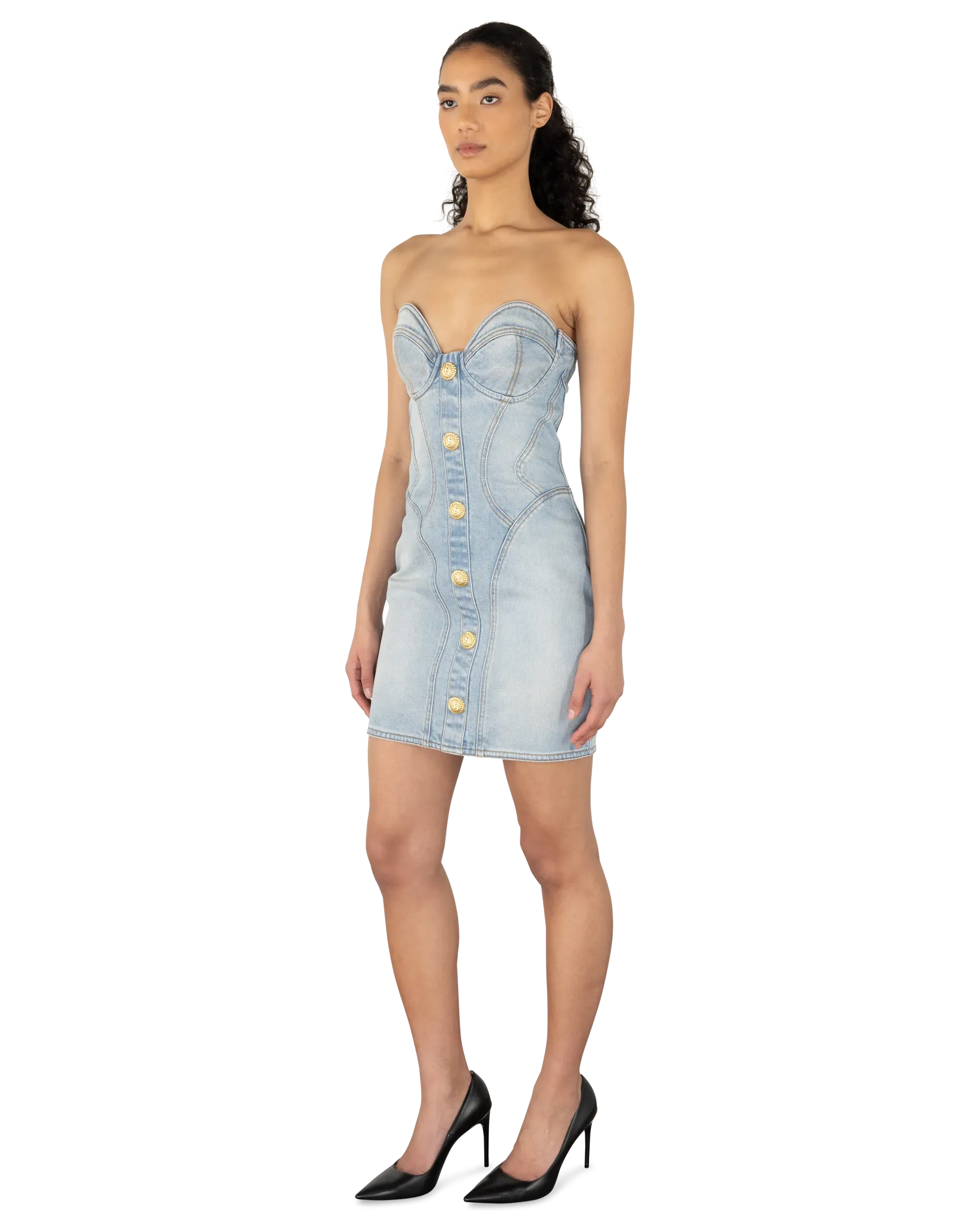 Button-Detailed Bustier Denim Dress