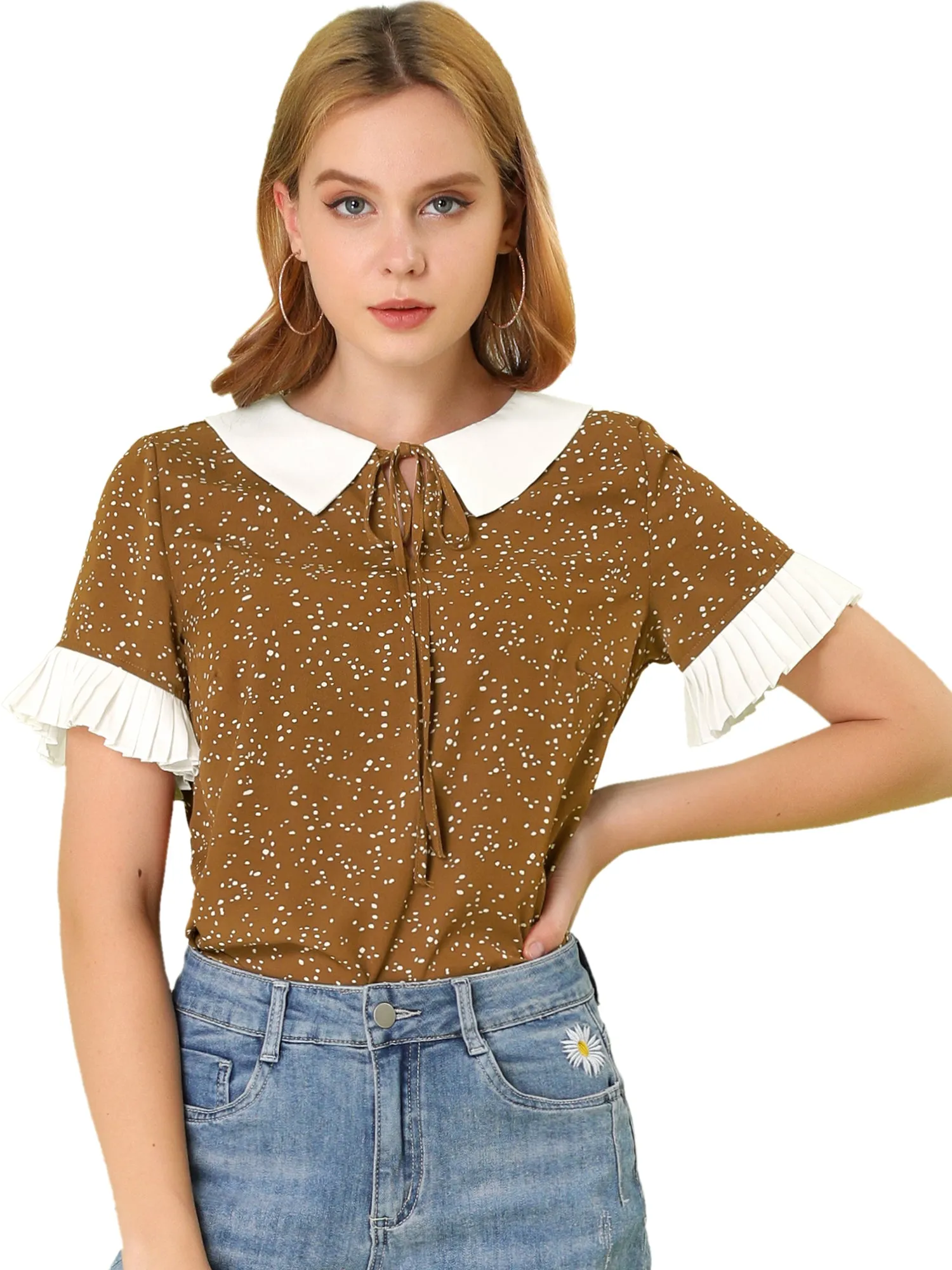 Contrast Doll Collar Polka Dots Tops Short Sleeve Blouse