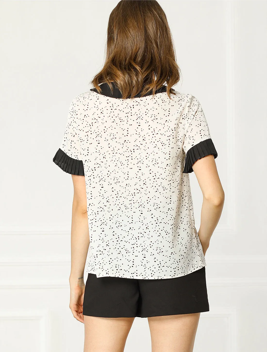 Contrast Doll Collar Polka Dots Tops Short Sleeve Blouse
