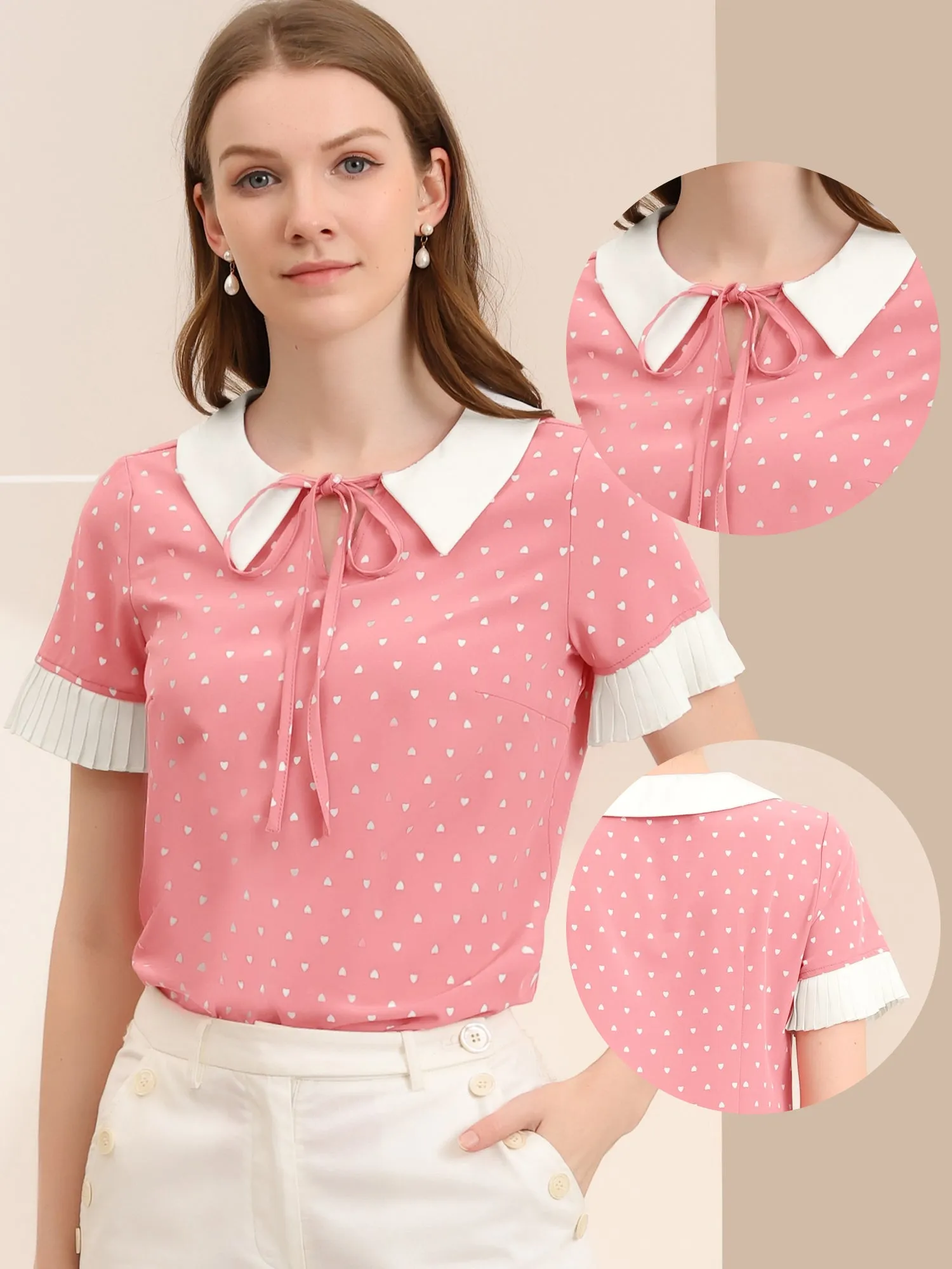 Contrast Doll Collar Polka Dots Tops Short Sleeve Blouse