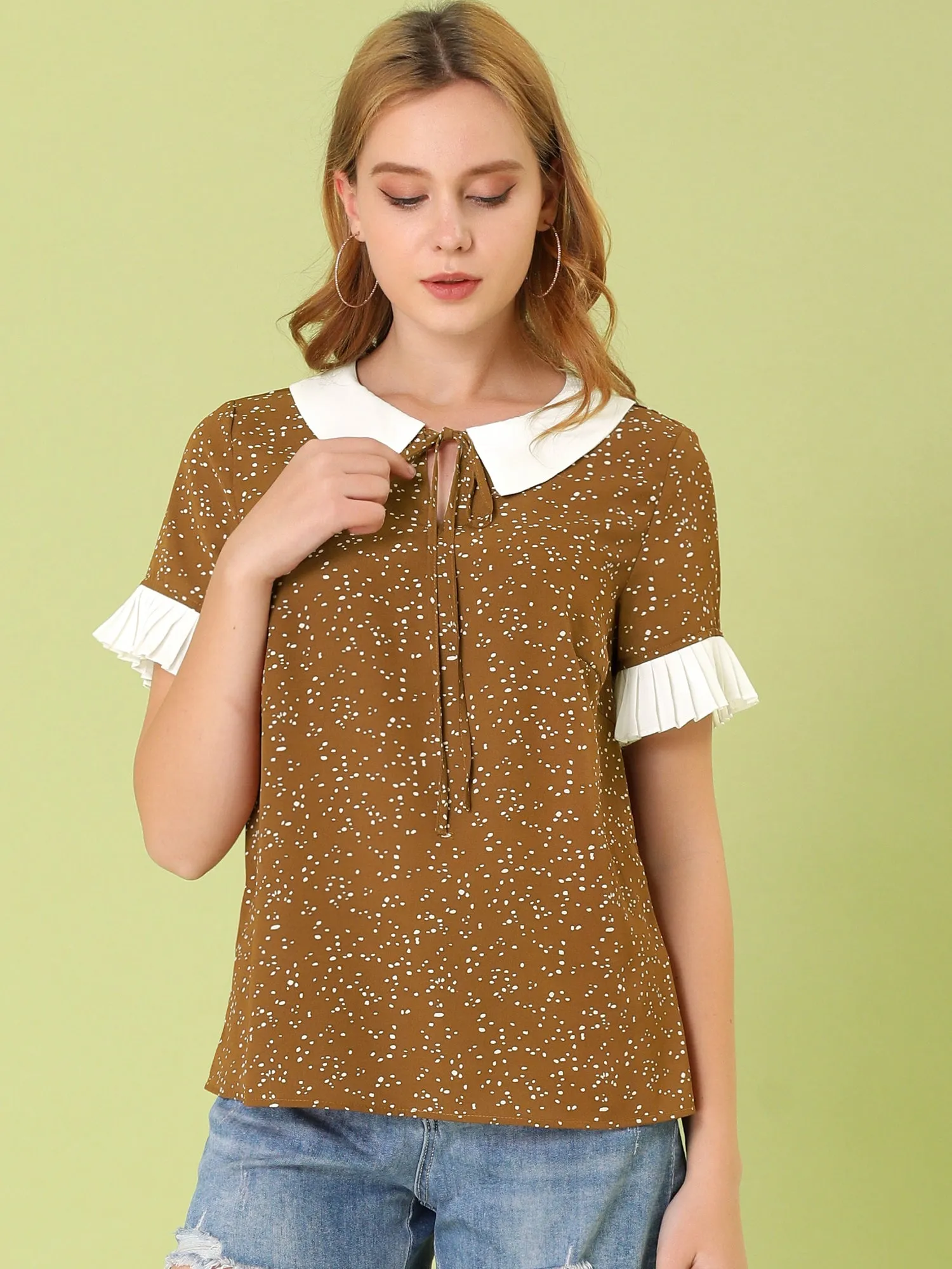 Contrast Doll Collar Polka Dots Tops Short Sleeve Blouse