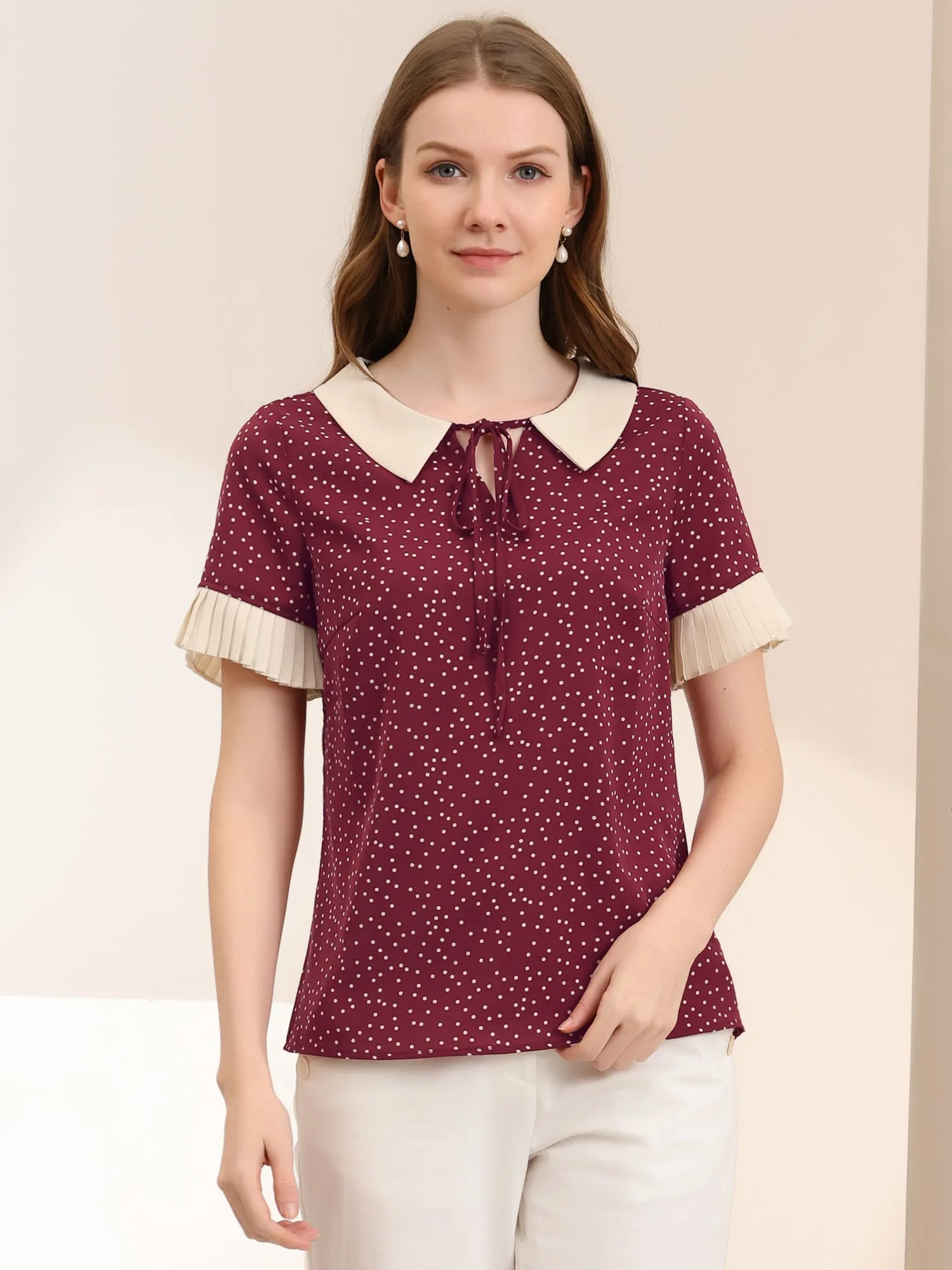 Contrast Doll Collar Polka Dots Tops Short Sleeve Blouse