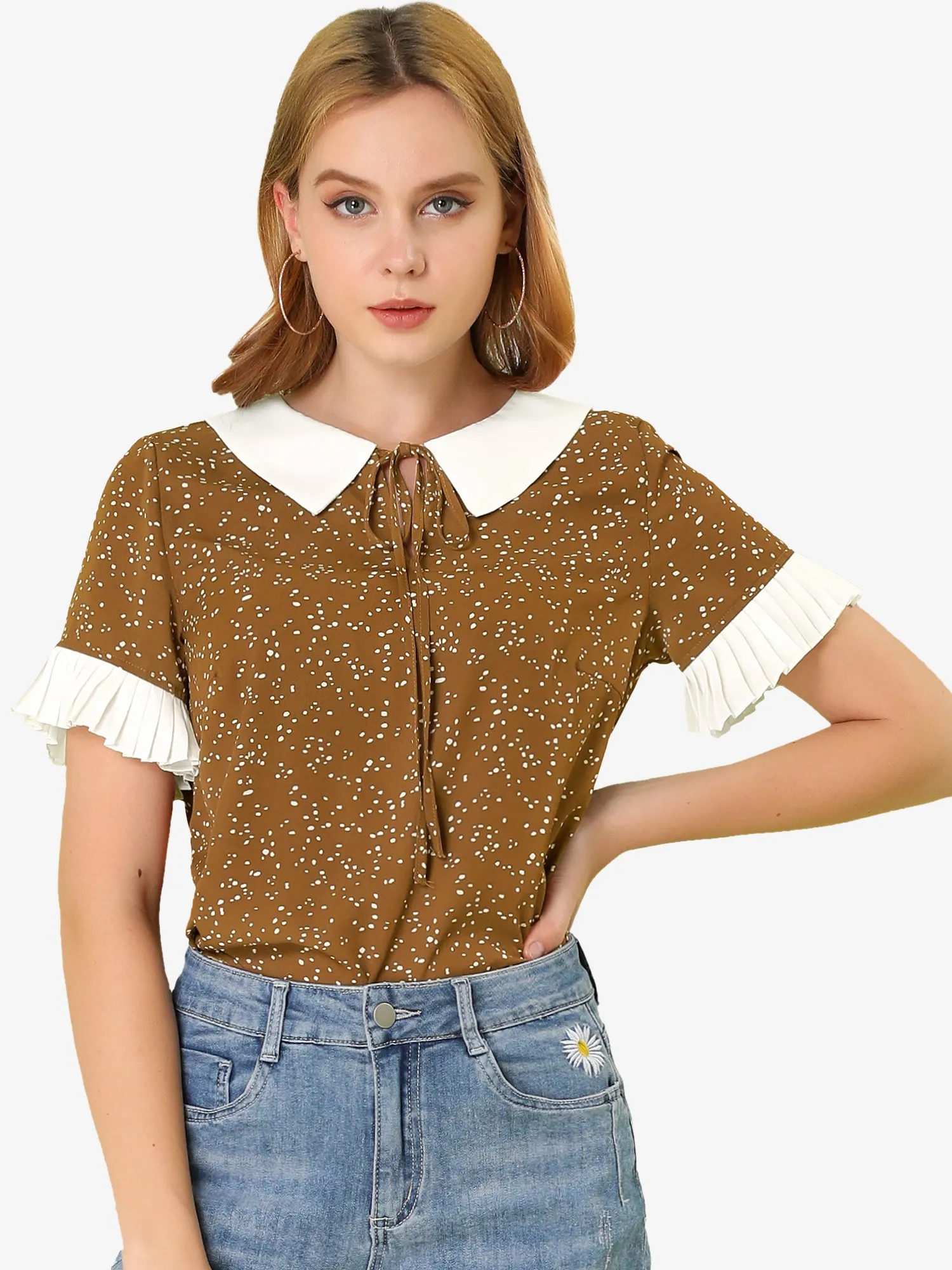 Contrast Doll Collar Polka Dots Tops Short Sleeve Blouse