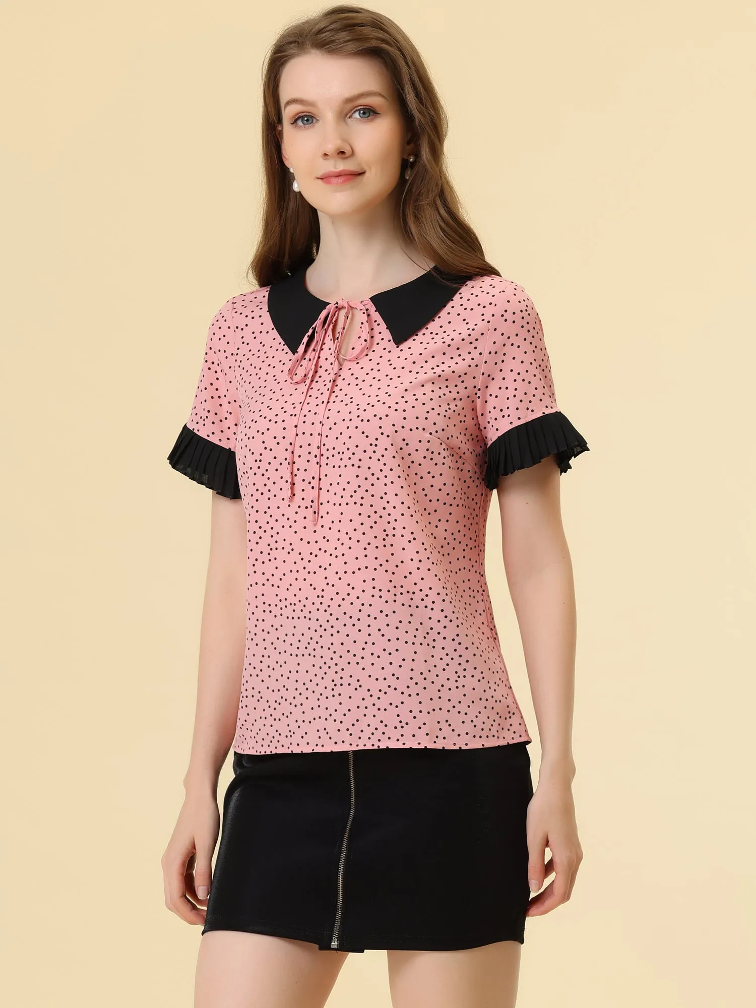 Contrast Doll Collar Polka Dots Tops Short Sleeve Blouse