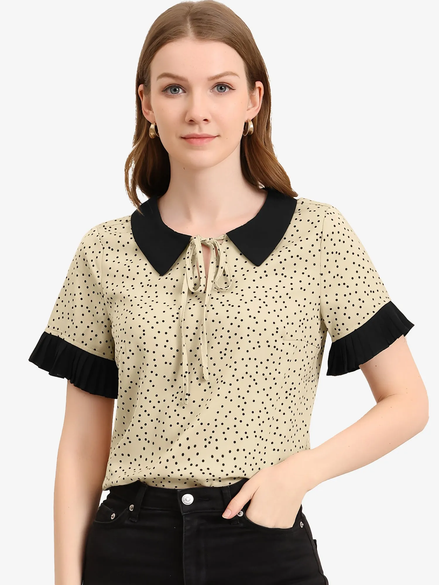 Contrast Doll Collar Polka Dots Tops Short Sleeve Blouse