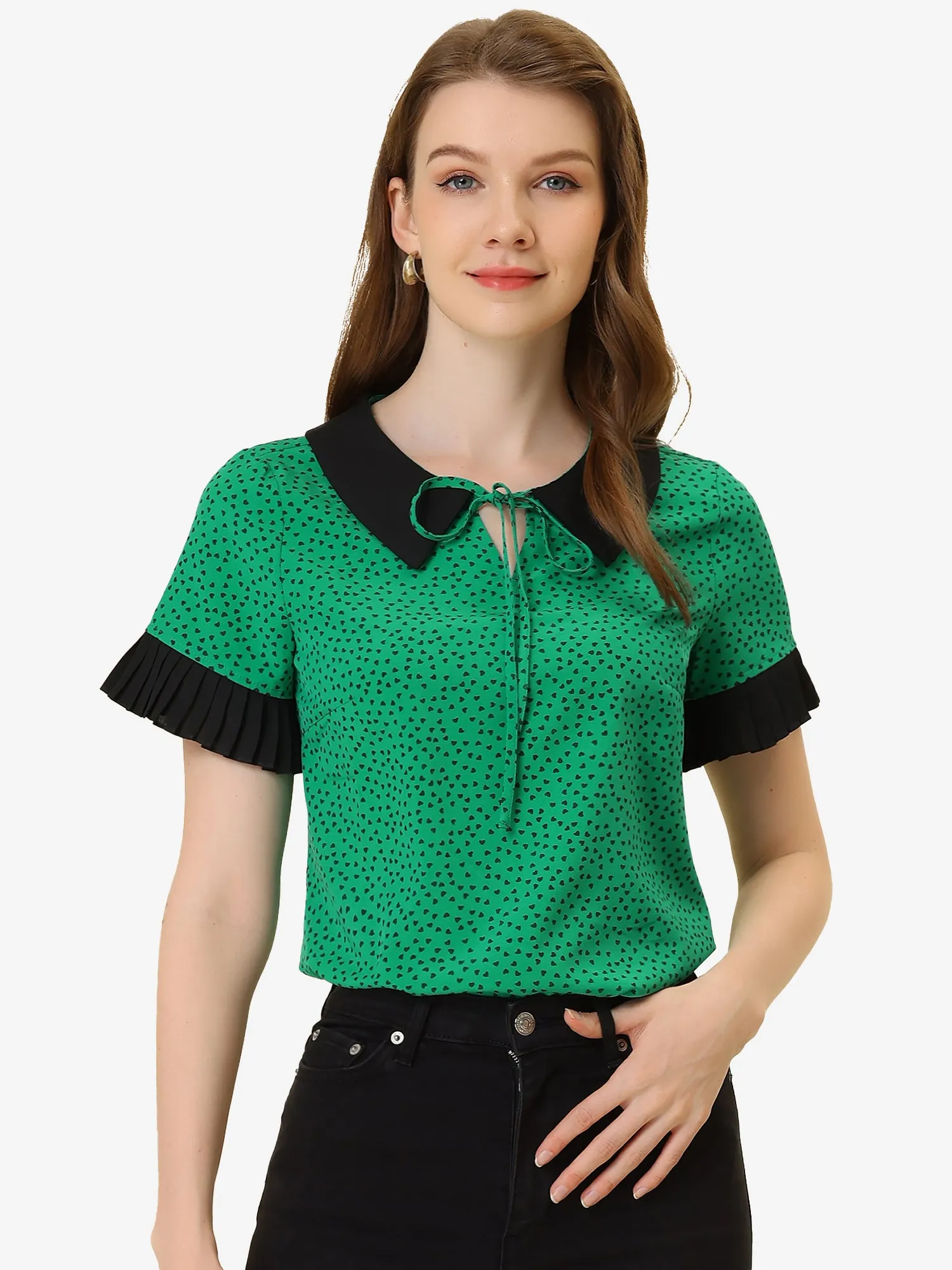 Contrast Doll Collar Polka Dots Tops Short Sleeve Blouse