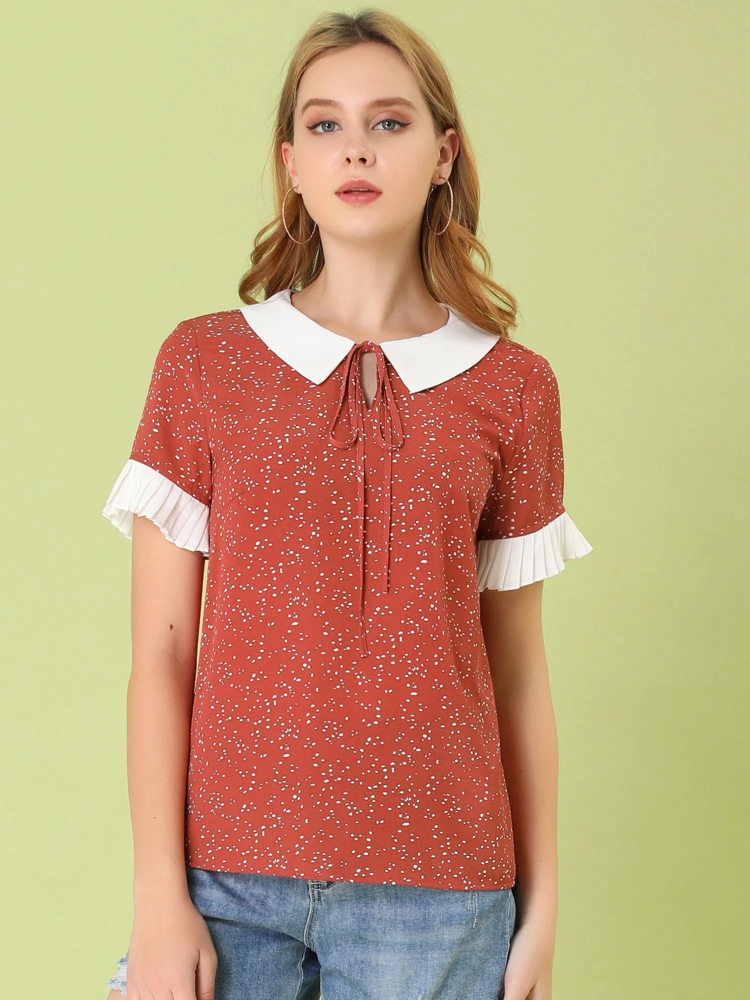 Contrast Doll Collar Polka Dots Tops Short Sleeve Blouse