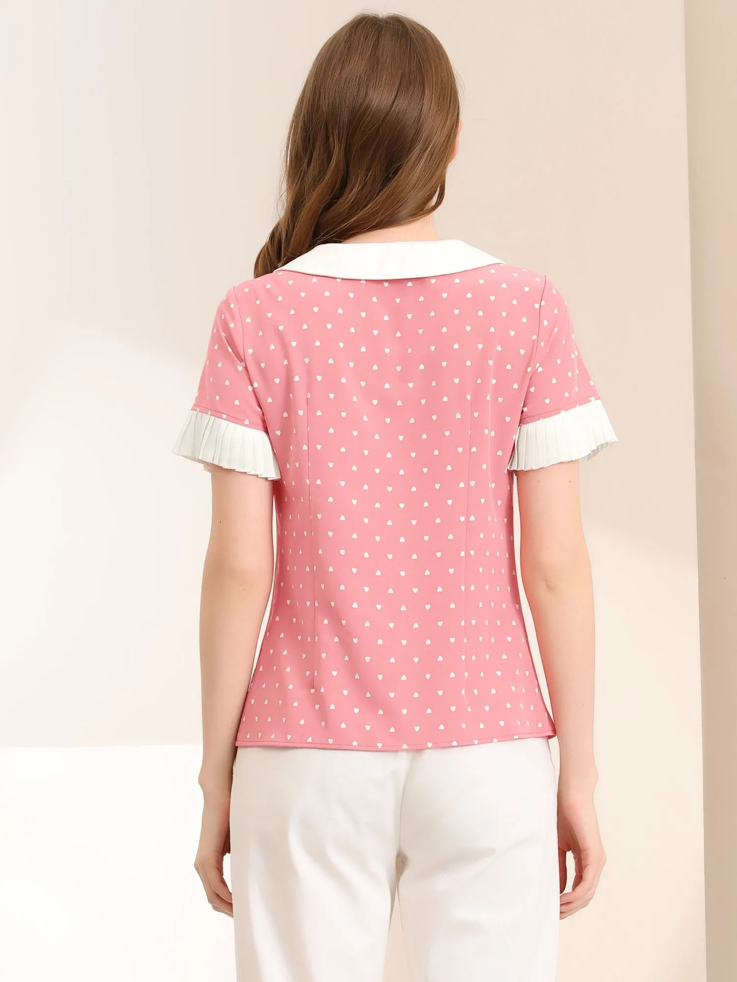 Contrast Doll Collar Polka Dots Tops Short Sleeve Blouse