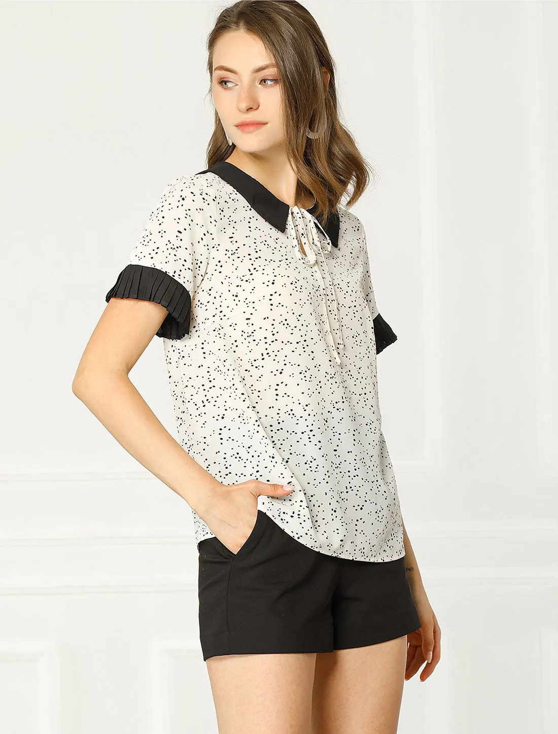 Contrast Doll Collar Polka Dots Tops Short Sleeve Blouse