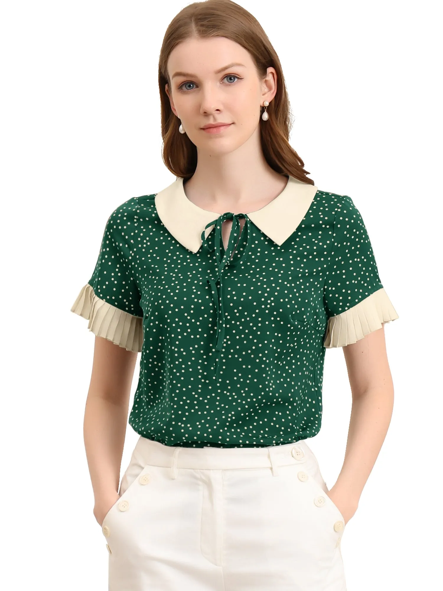 Contrast Doll Collar Polka Dots Tops Short Sleeve Blouse