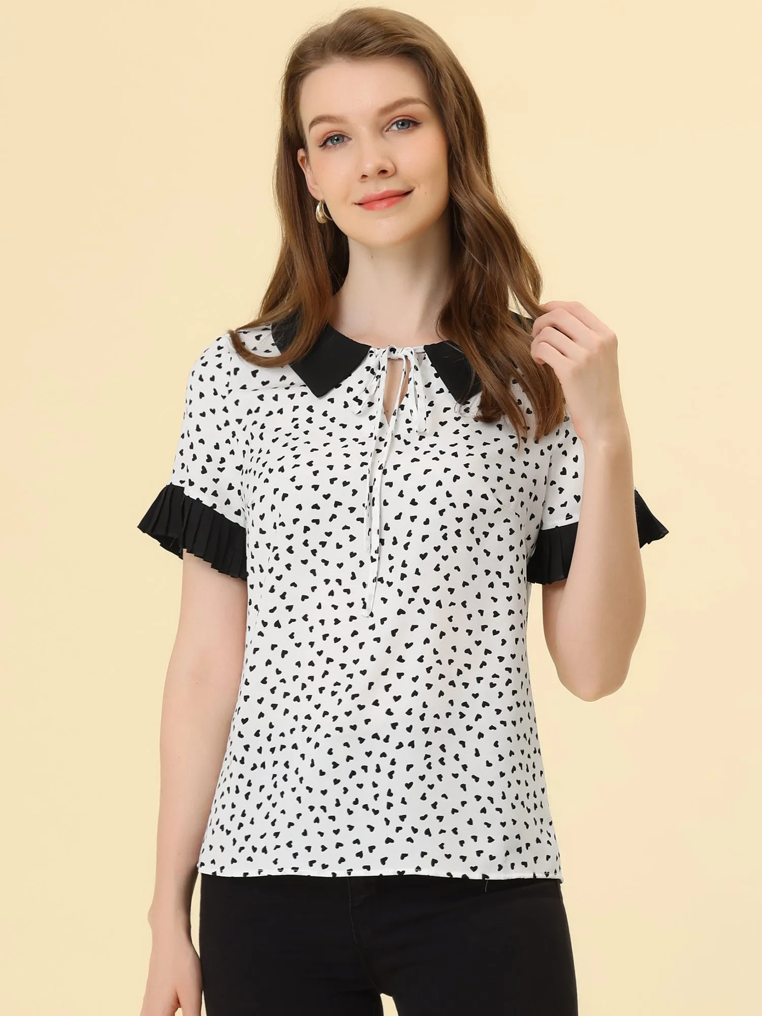 Contrast Doll Collar Polka Dots Tops Short Sleeve Blouse