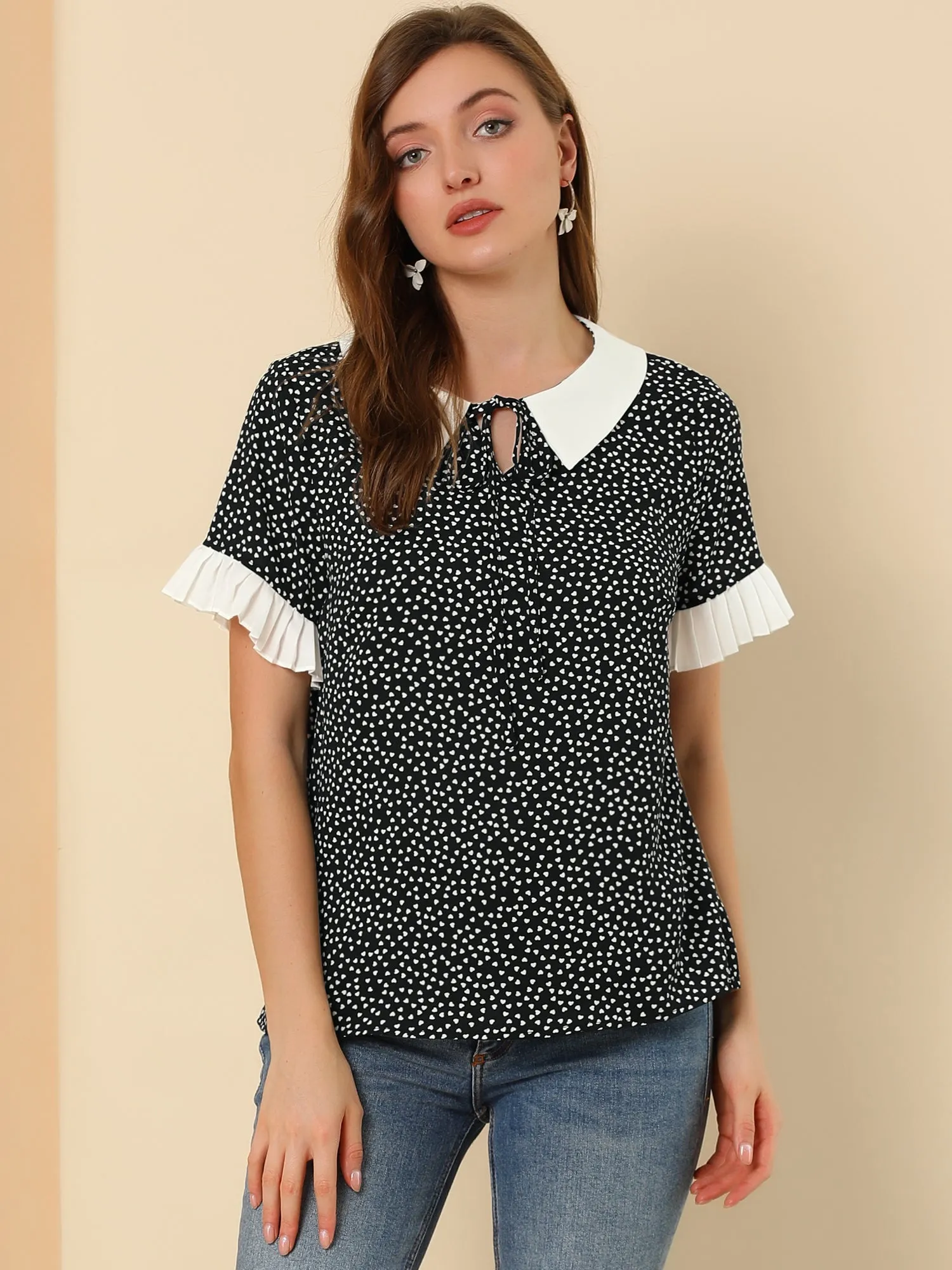 Contrast Doll Collar Polka Dots Tops Short Sleeve Blouse