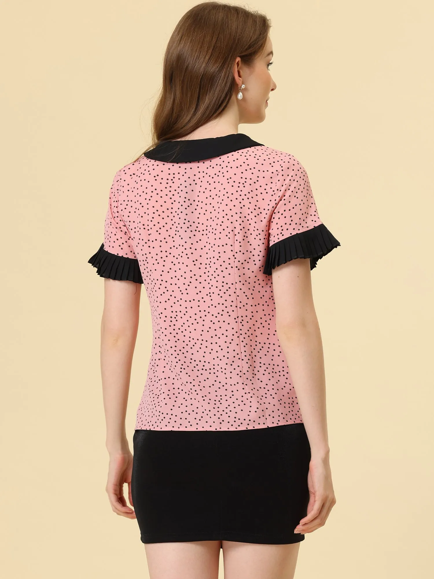 Contrast Doll Collar Polka Dots Tops Short Sleeve Blouse