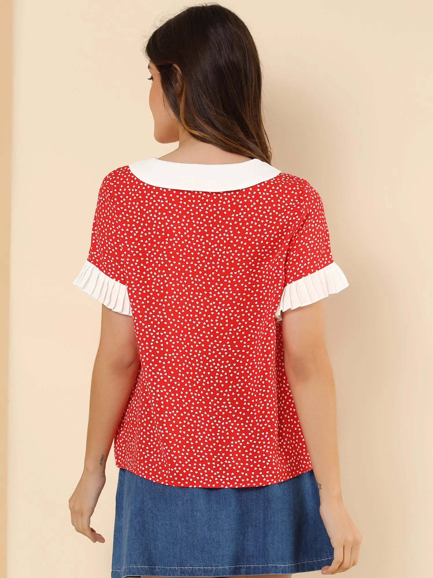 Contrast Doll Collar Polka Dots Tops Short Sleeve Blouse