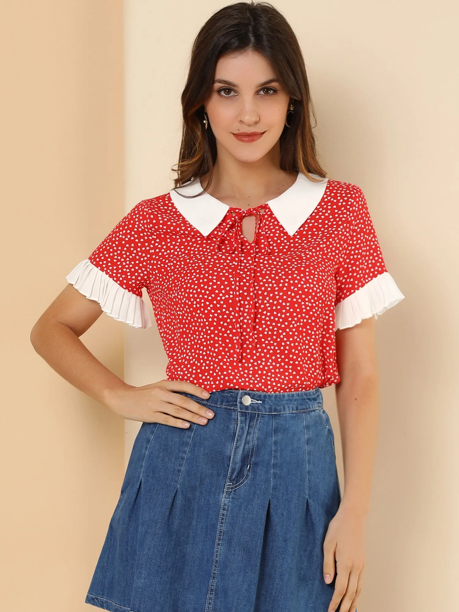 Contrast Doll Collar Polka Dots Tops Short Sleeve Blouse
