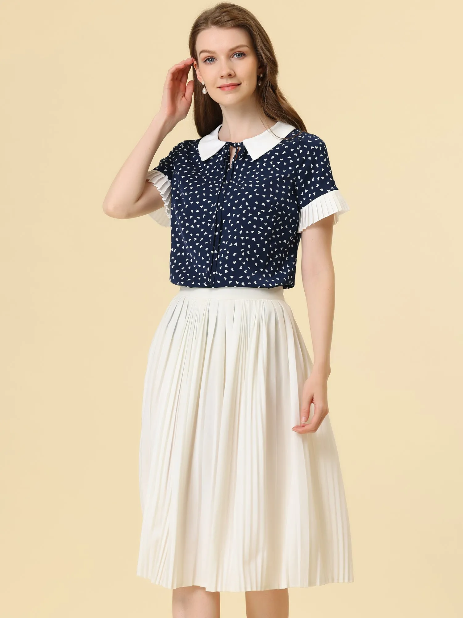 Contrast Doll Collar Polka Dots Tops Short Sleeve Blouse