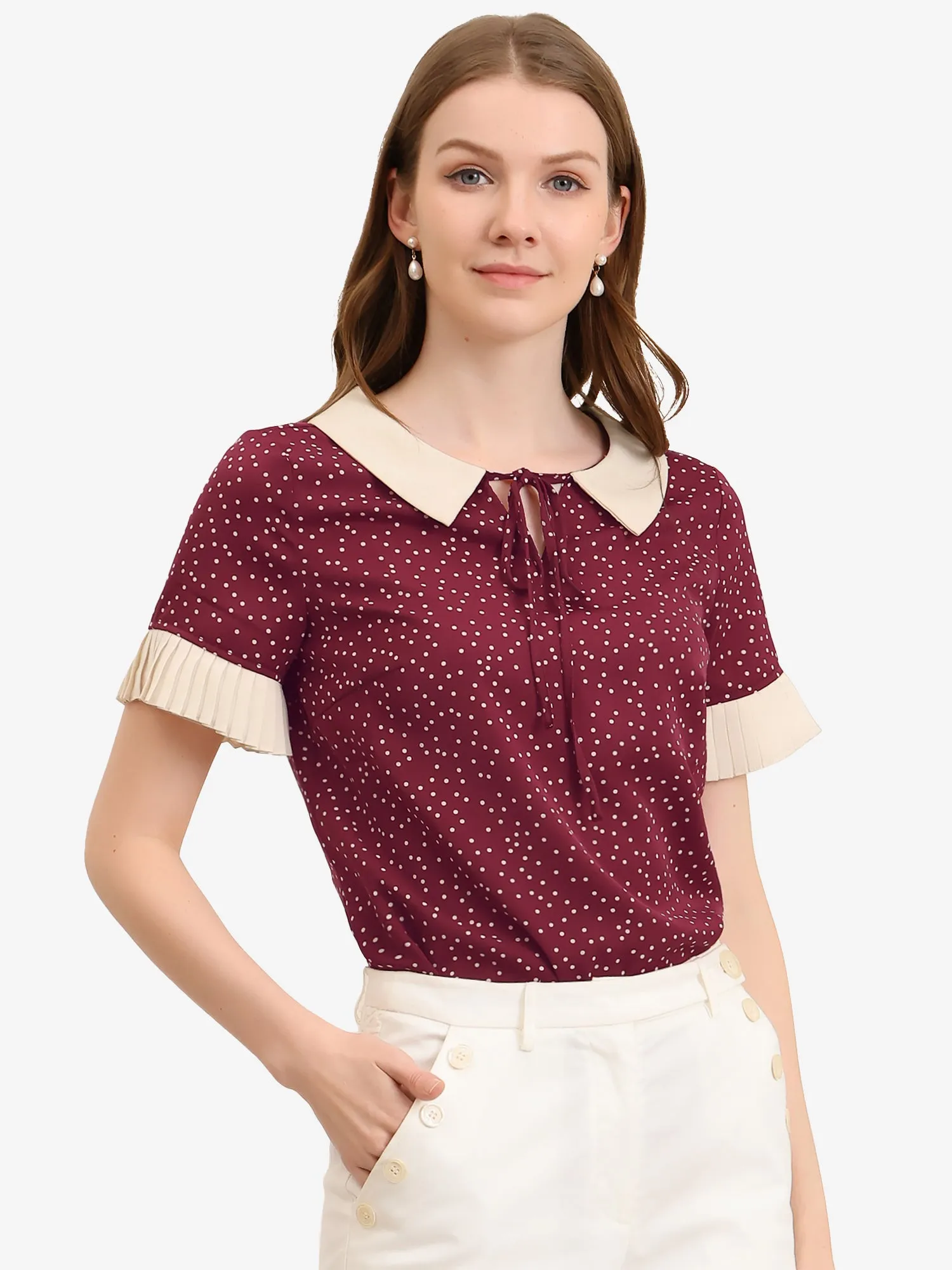 Contrast Doll Collar Polka Dots Tops Short Sleeve Blouse