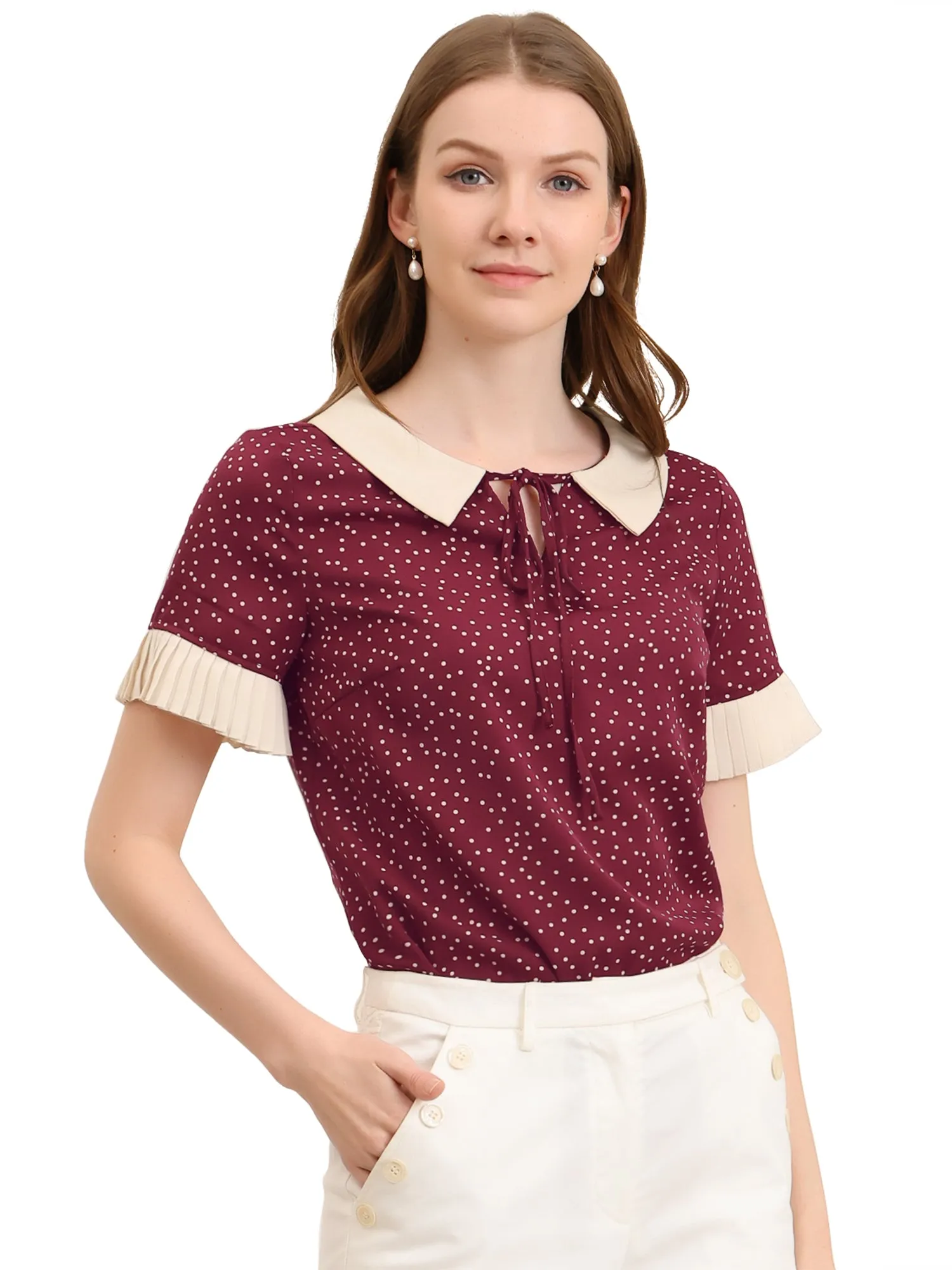 Contrast Doll Collar Polka Dots Tops Short Sleeve Blouse