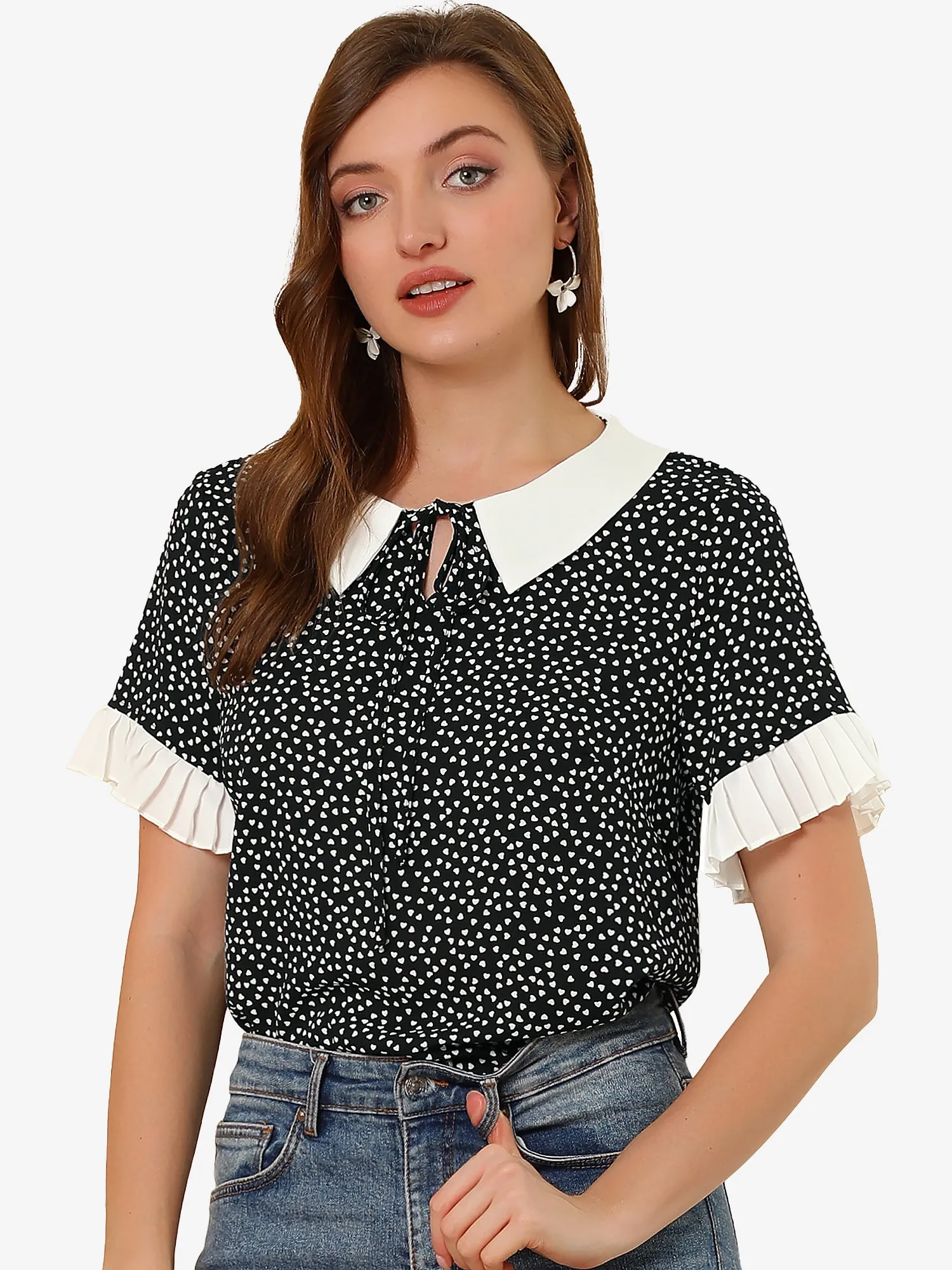 Contrast Doll Collar Polka Dots Tops Short Sleeve Blouse