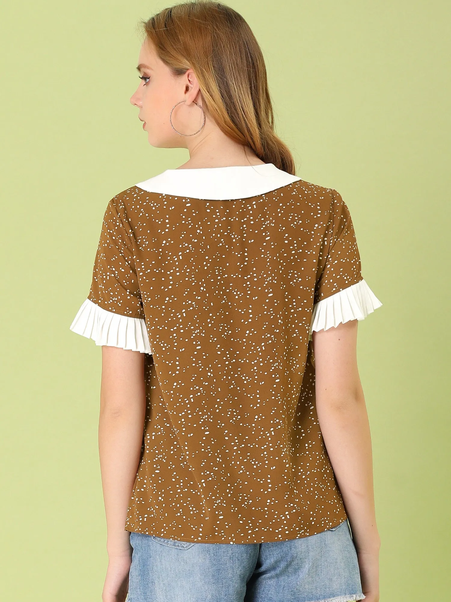 Contrast Doll Collar Polka Dots Tops Short Sleeve Blouse