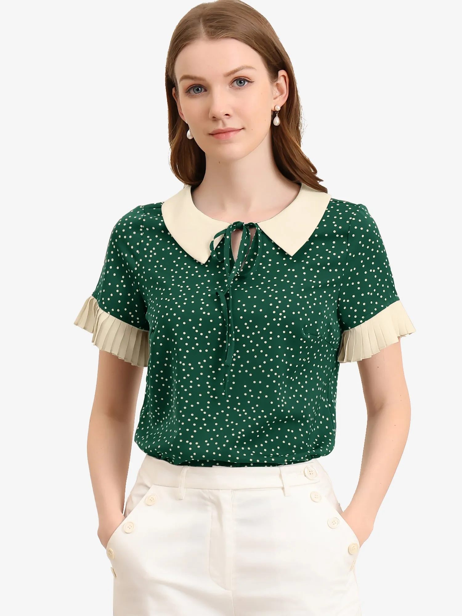 Contrast Doll Collar Polka Dots Tops Short Sleeve Blouse