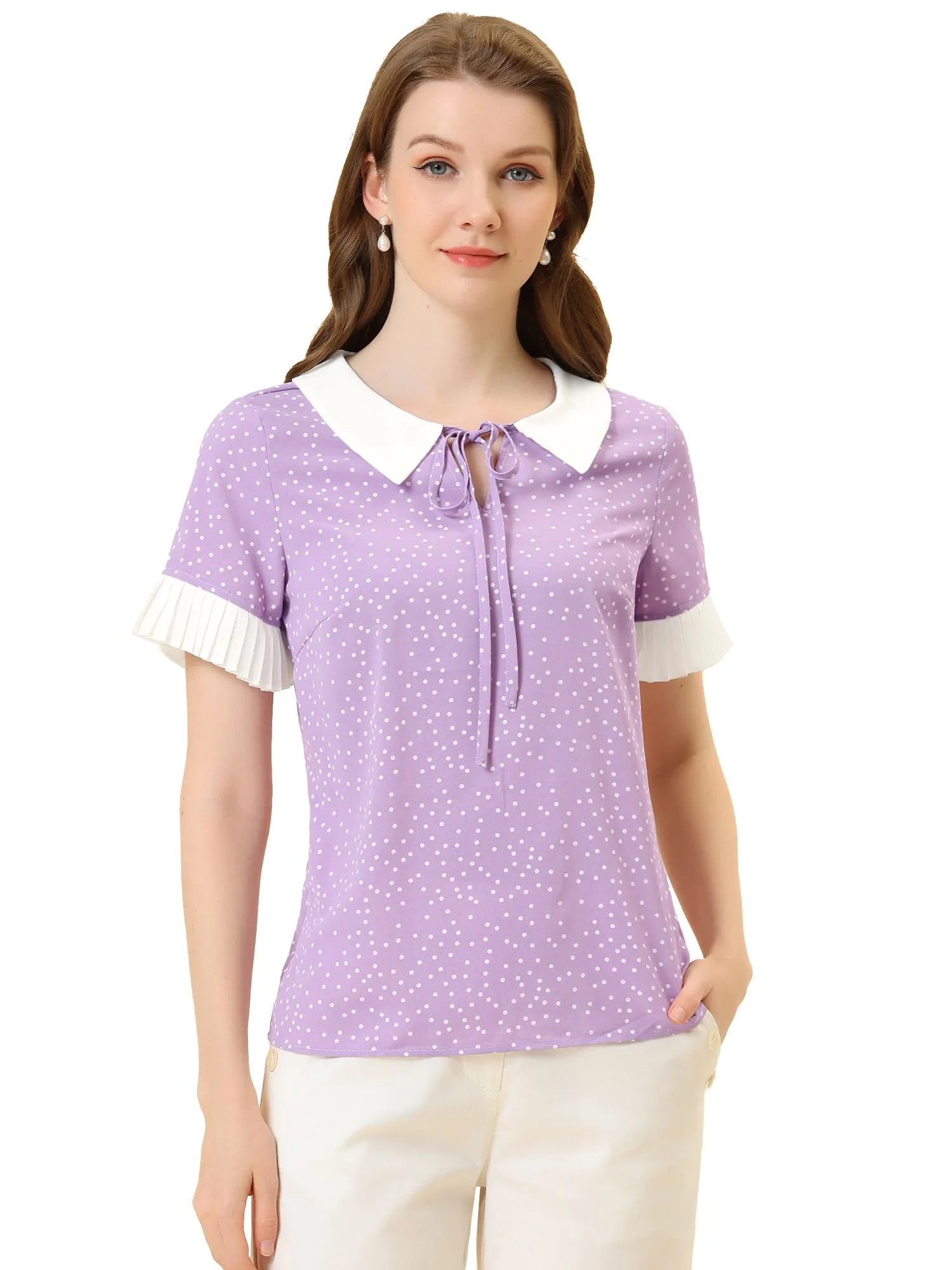 Contrast Doll Collar Polka Dots Tops Short Sleeve Blouse