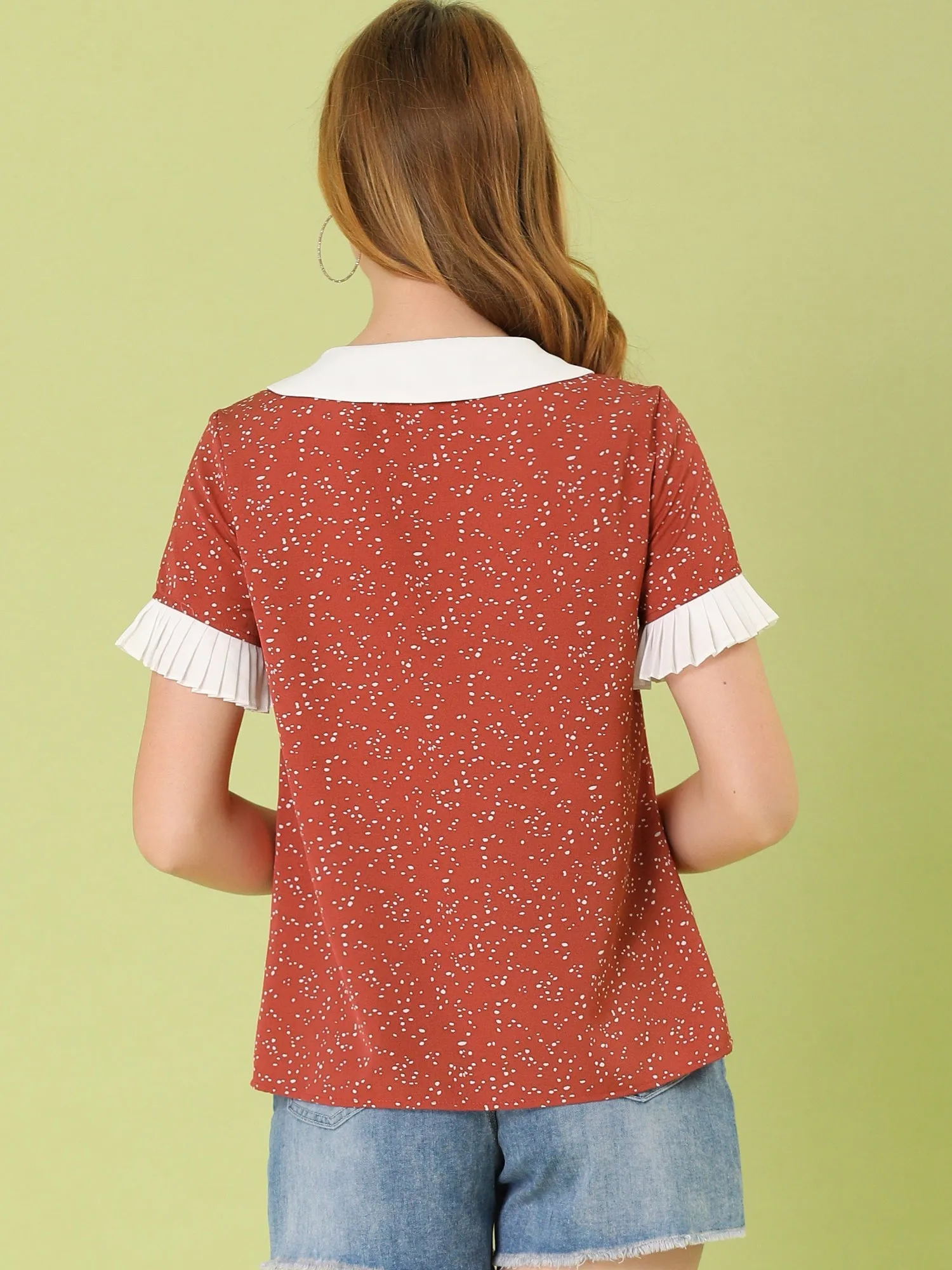 Contrast Doll Collar Polka Dots Tops Short Sleeve Blouse
