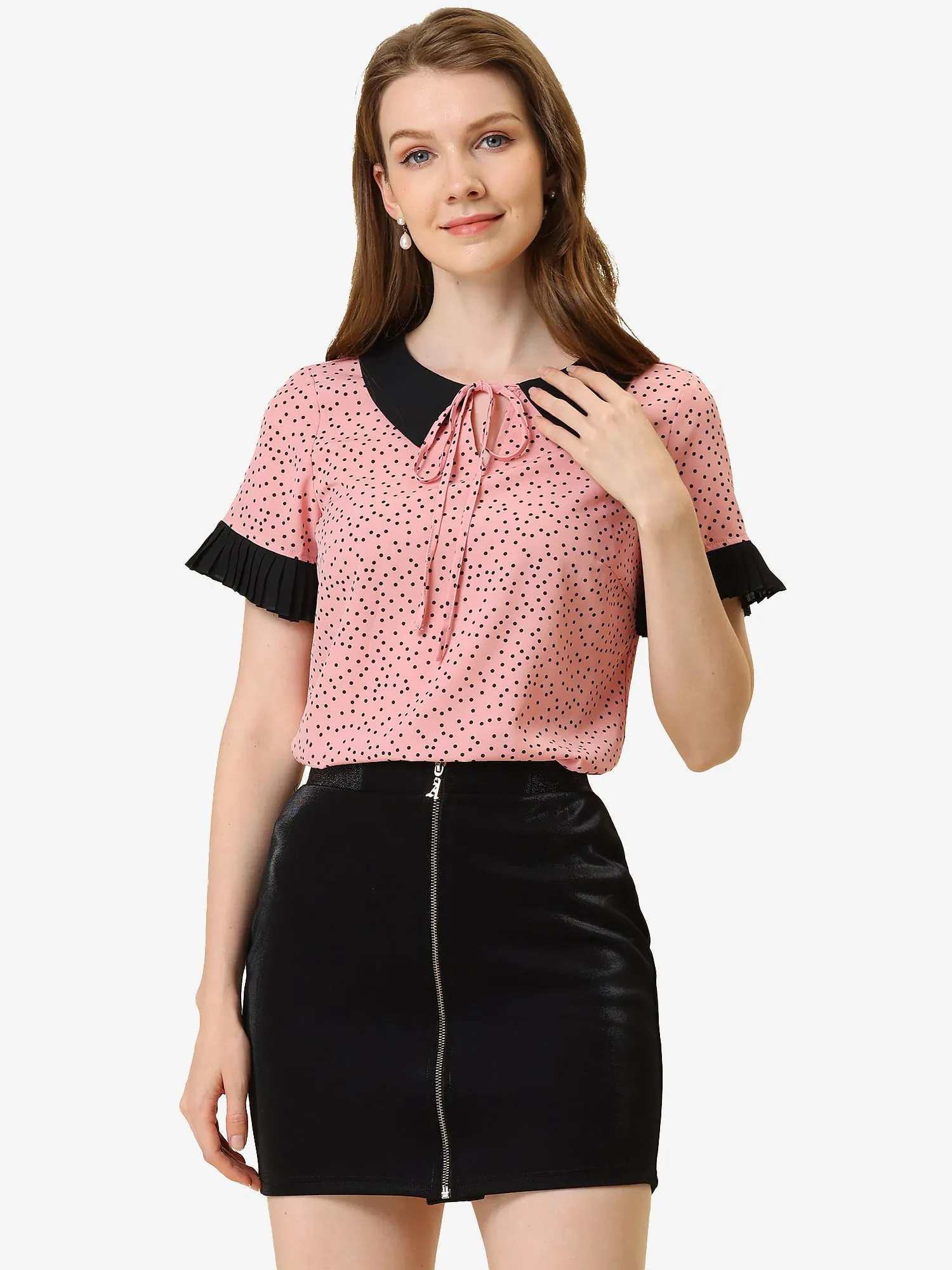 Contrast Doll Collar Polka Dots Tops Short Sleeve Blouse