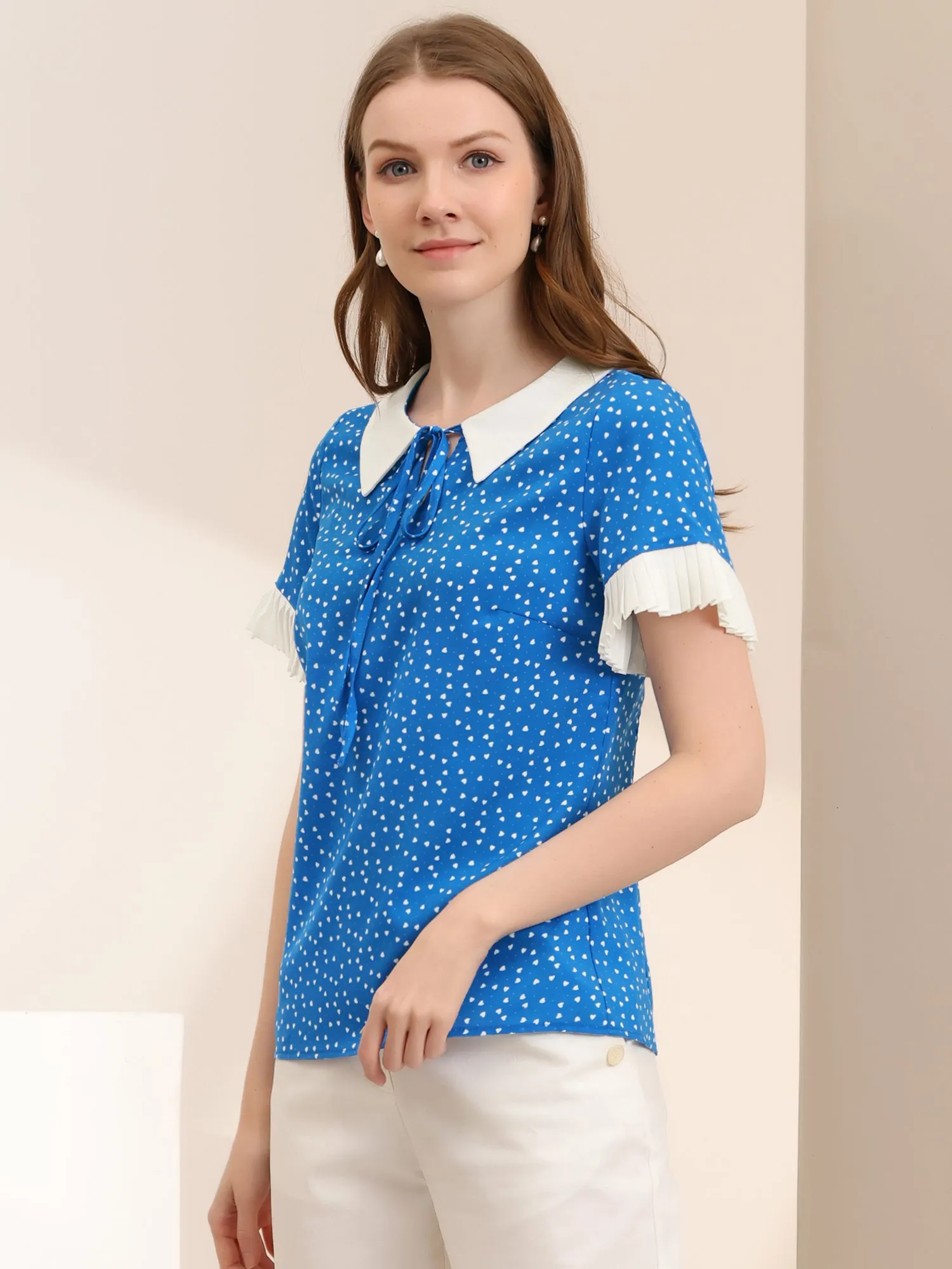 Contrast Doll Collar Polka Dots Tops Short Sleeve Blouse