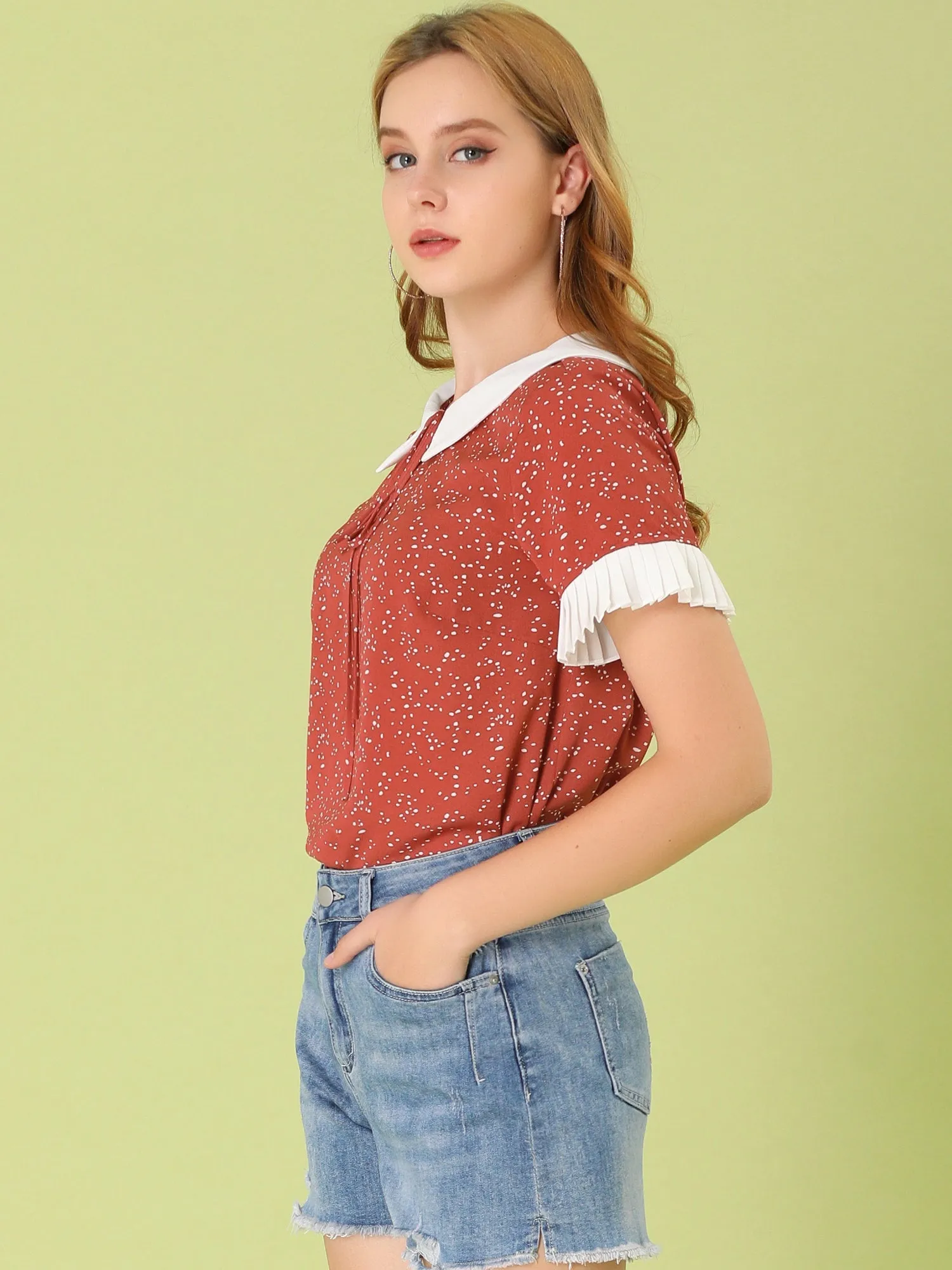 Contrast Doll Collar Polka Dots Tops Short Sleeve Blouse