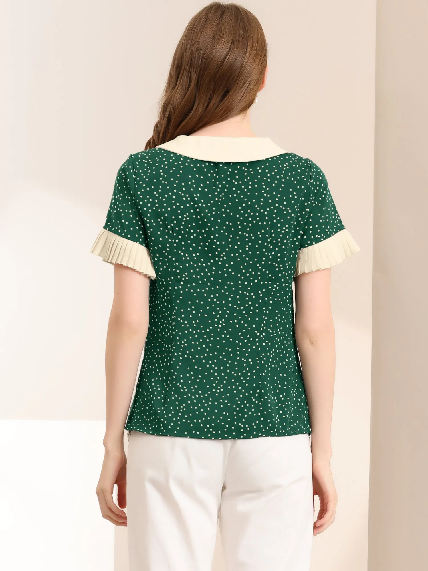 Contrast Doll Collar Polka Dots Tops Short Sleeve Blouse