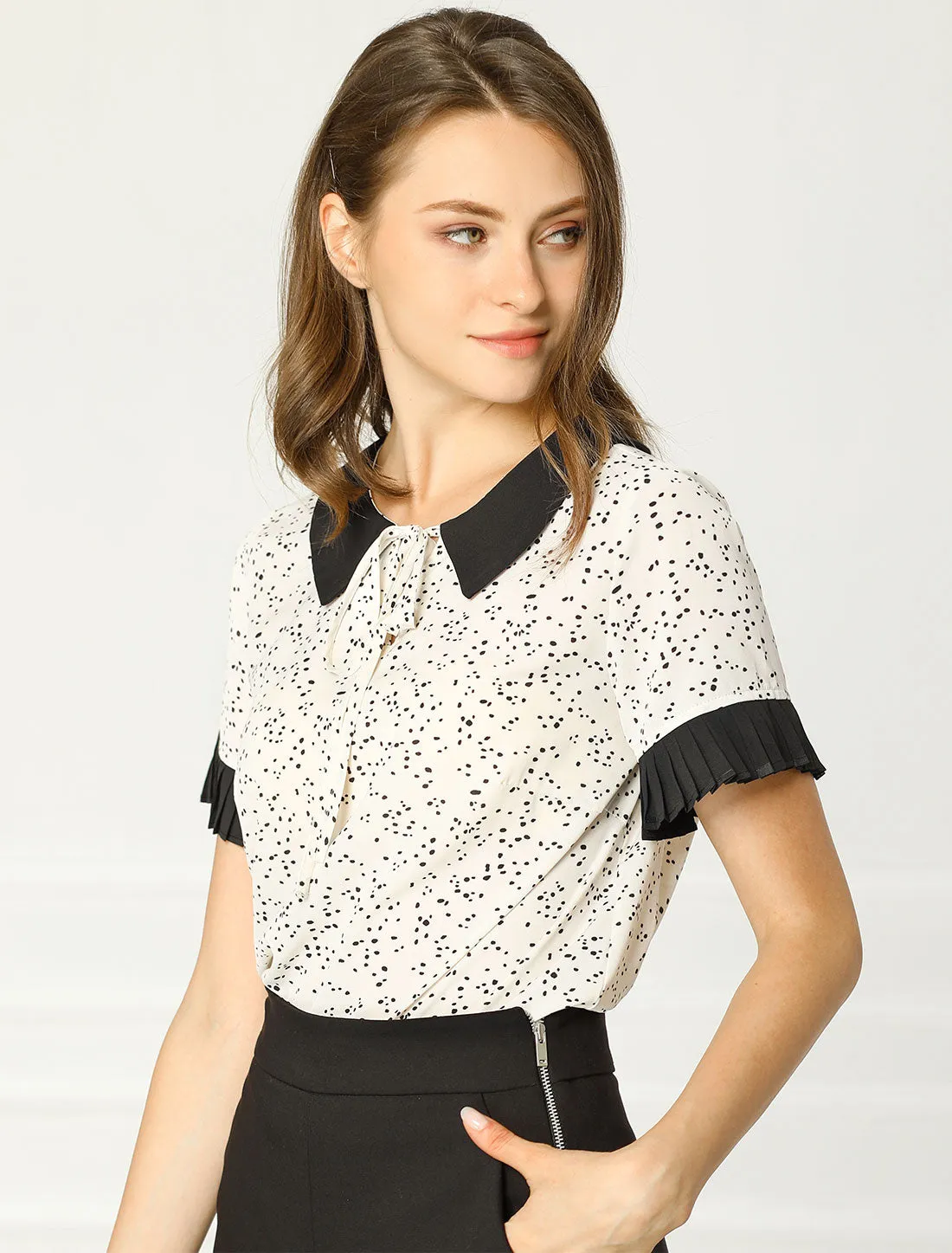 Contrast Doll Collar Polka Dots Tops Short Sleeve Blouse