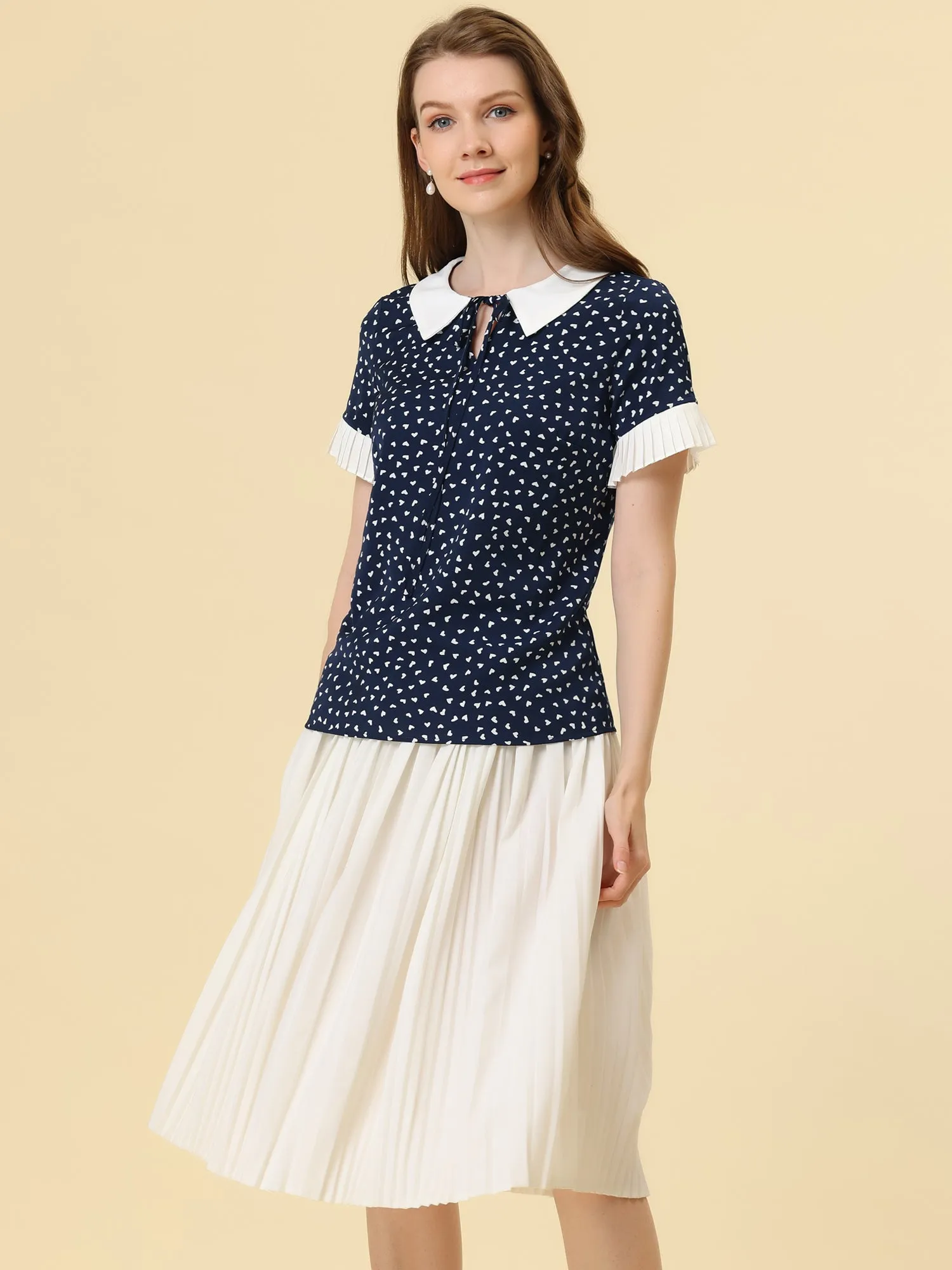 Contrast Doll Collar Polka Dots Tops Short Sleeve Blouse