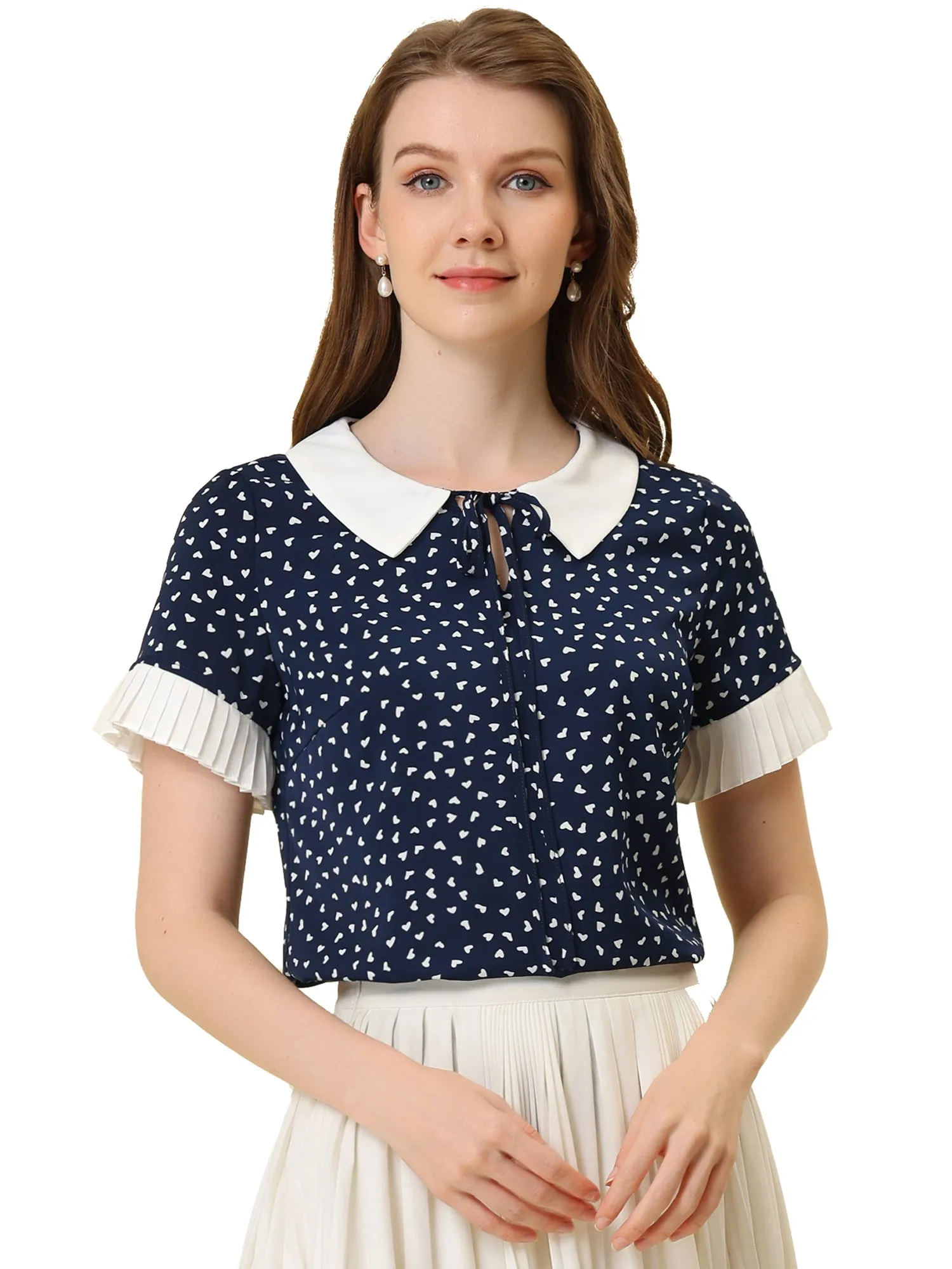 Contrast Doll Collar Polka Dots Tops Short Sleeve Blouse