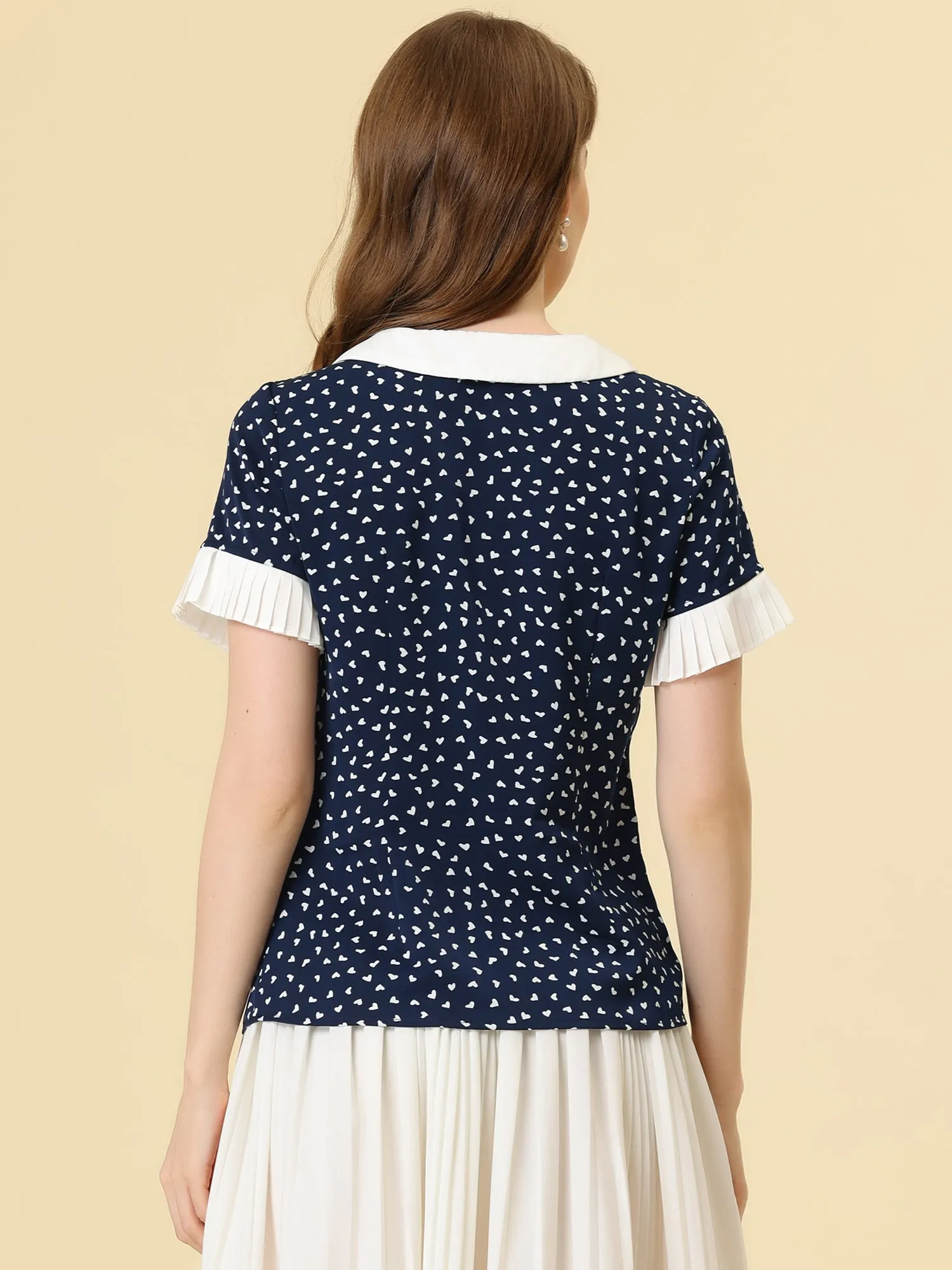 Contrast Doll Collar Polka Dots Tops Short Sleeve Blouse