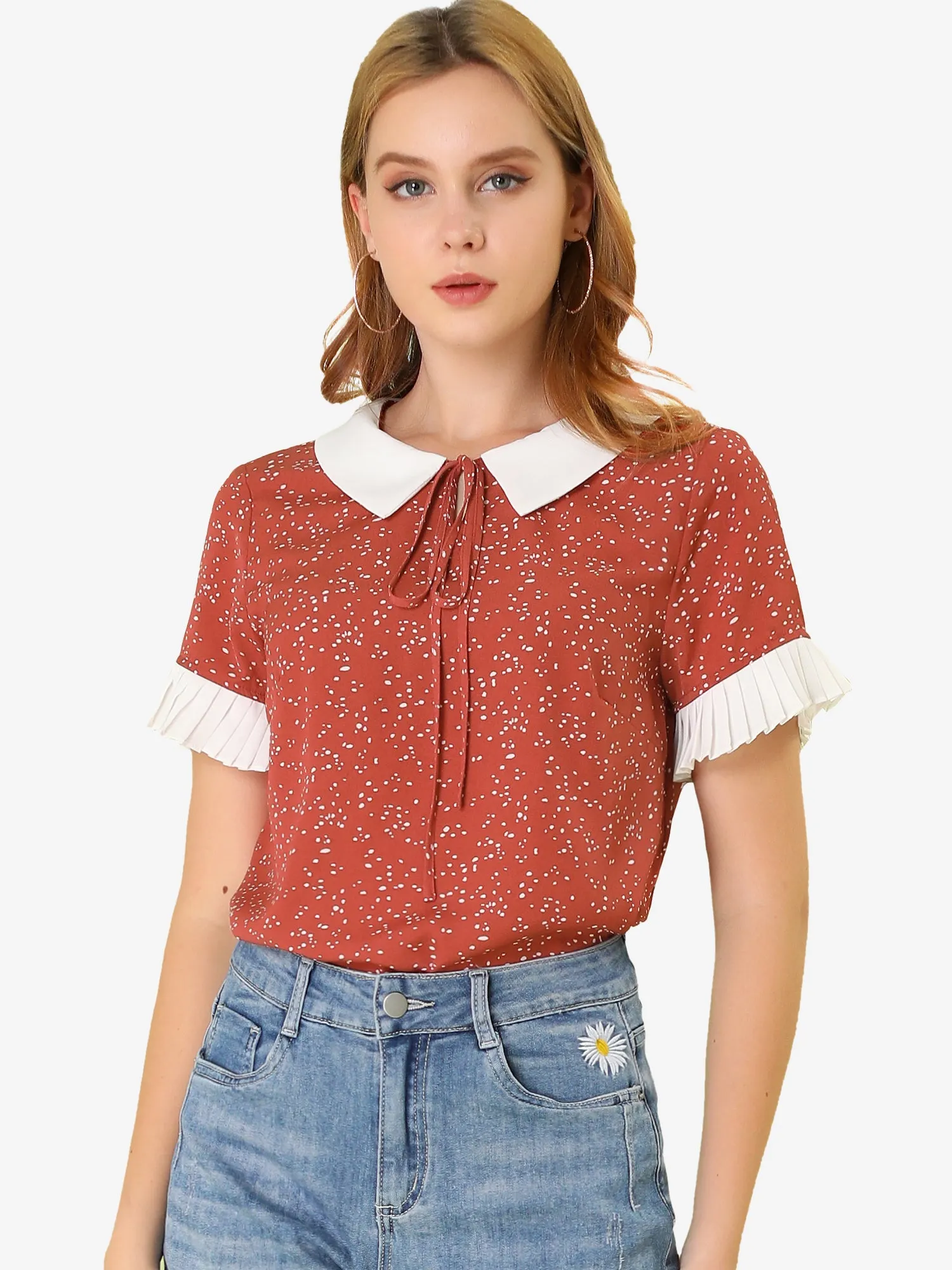 Contrast Doll Collar Polka Dots Tops Short Sleeve Blouse