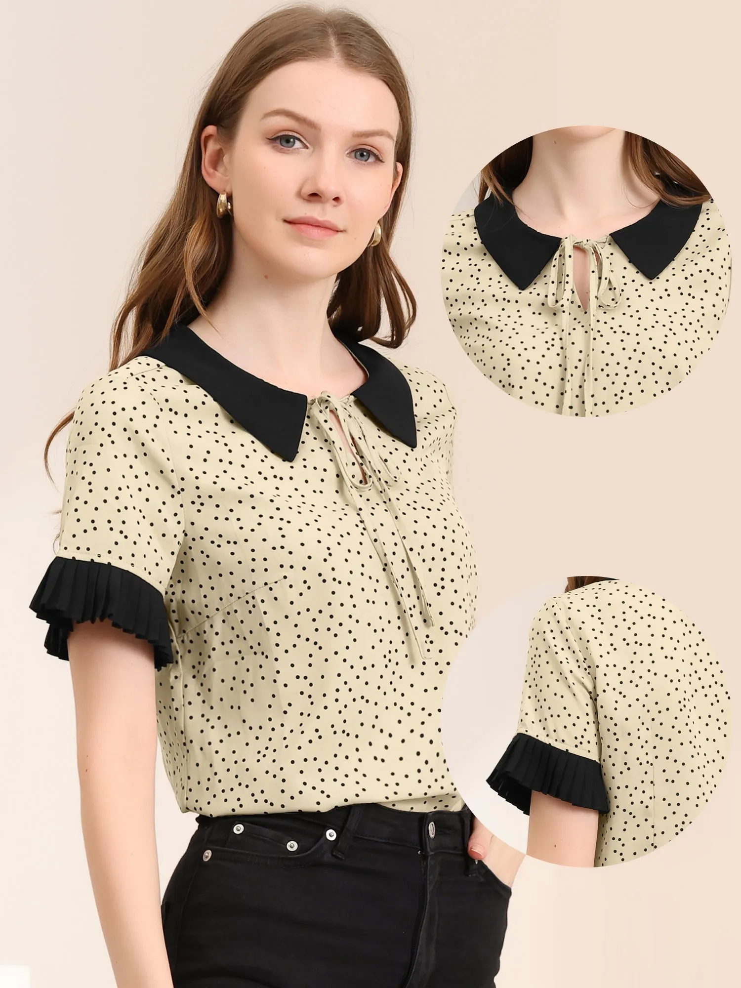 Contrast Doll Collar Polka Dots Tops Short Sleeve Blouse