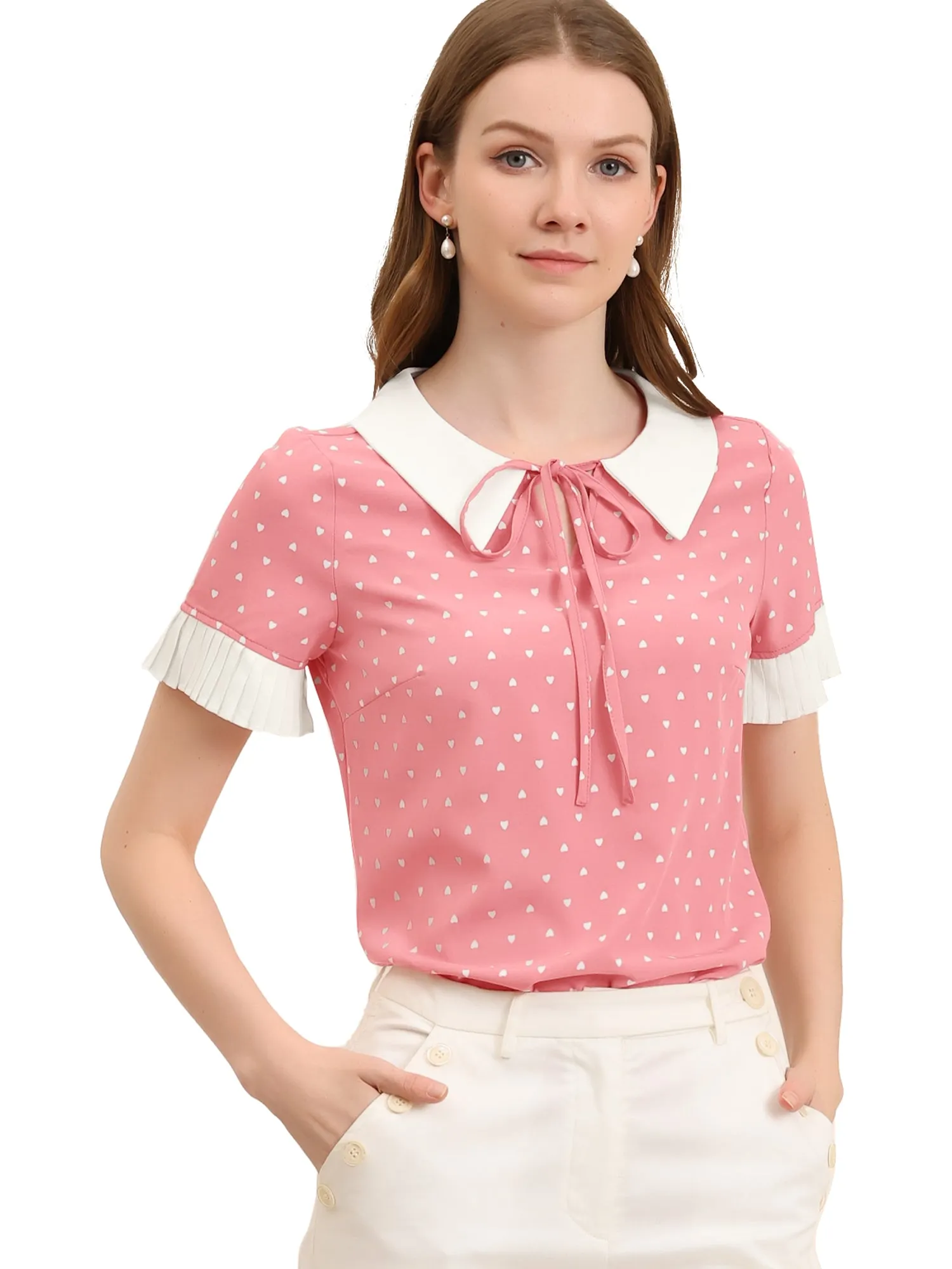 Contrast Doll Collar Polka Dots Tops Short Sleeve Blouse