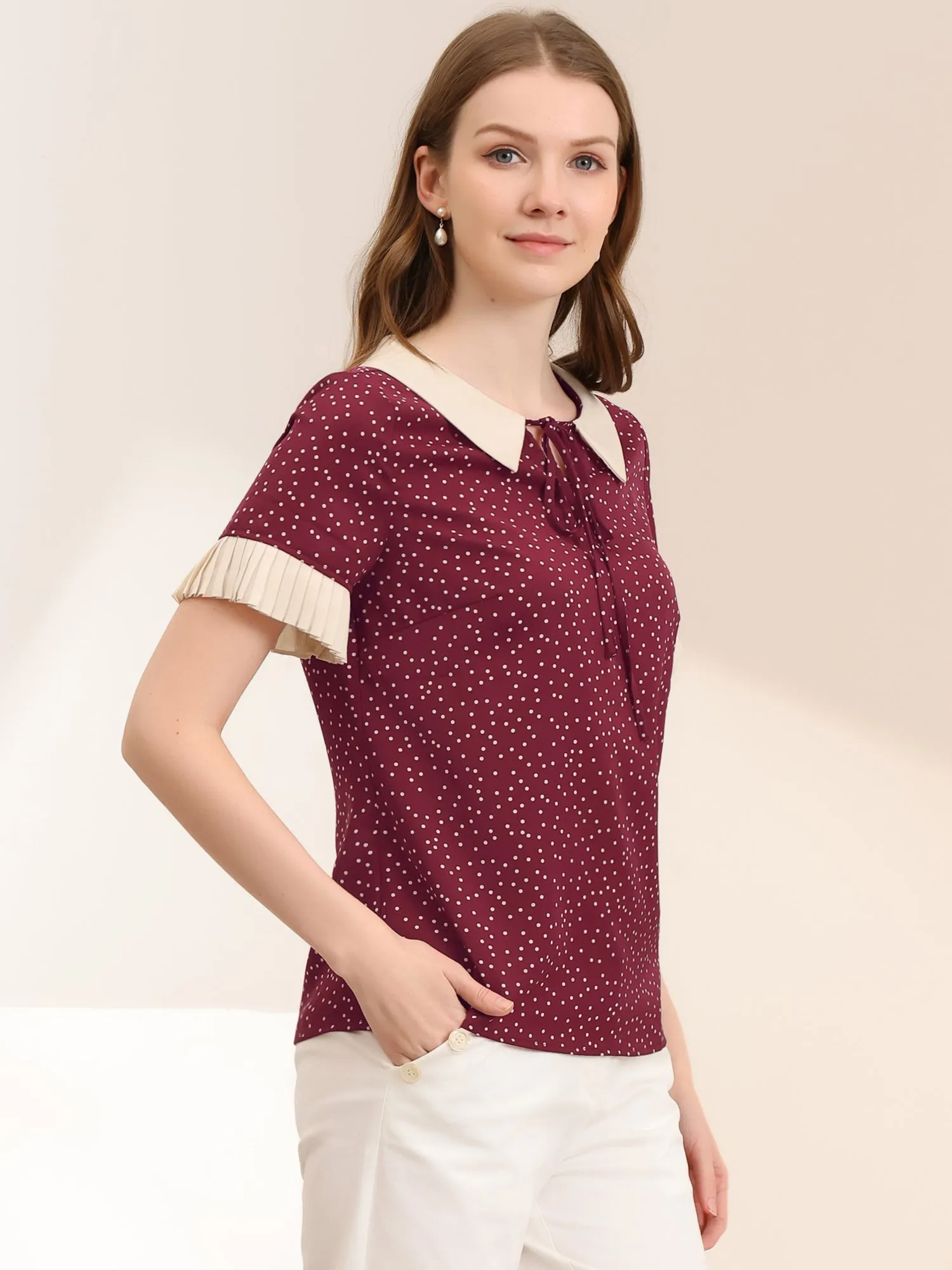 Contrast Doll Collar Polka Dots Tops Short Sleeve Blouse