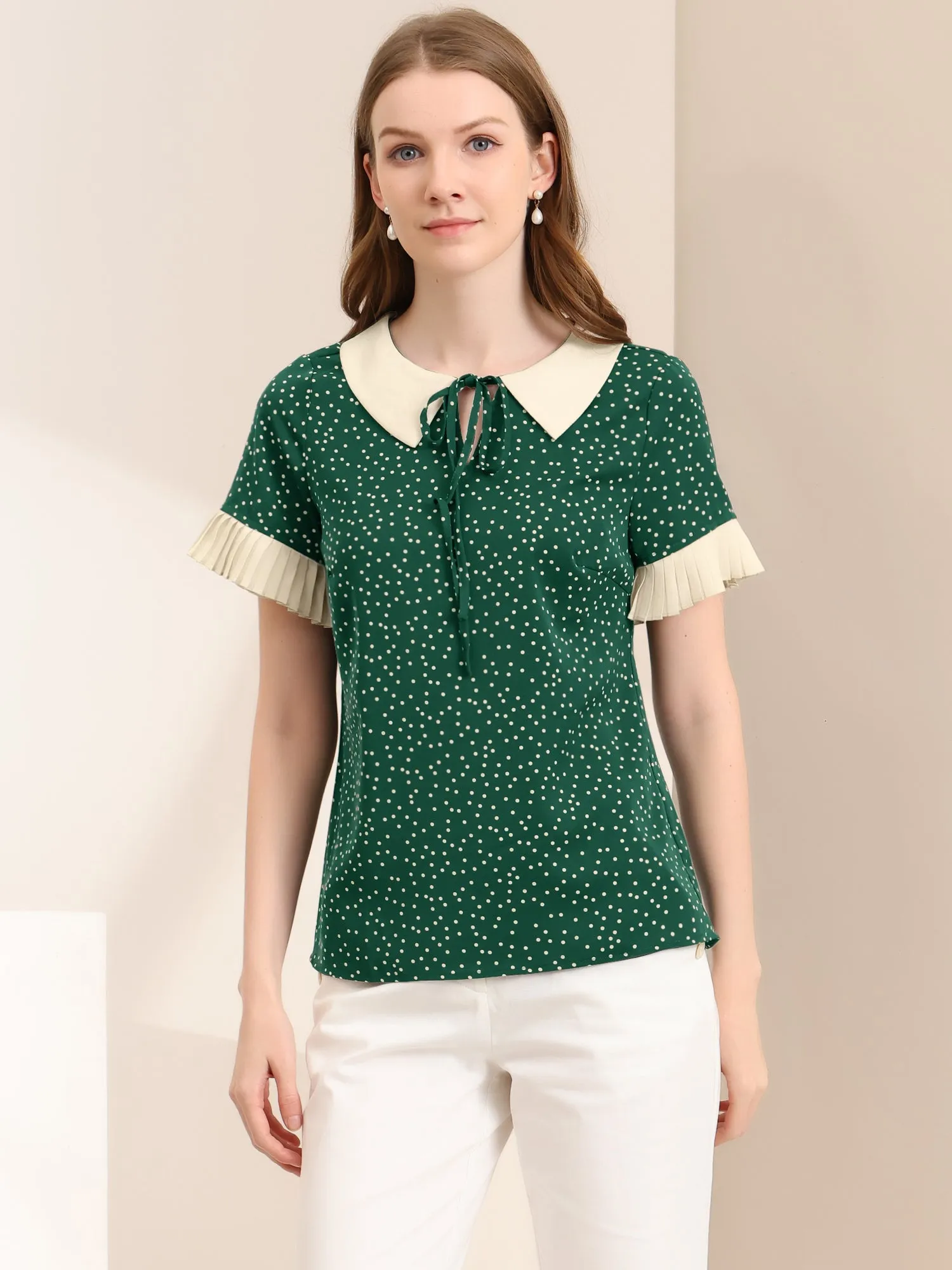 Contrast Doll Collar Polka Dots Tops Short Sleeve Blouse