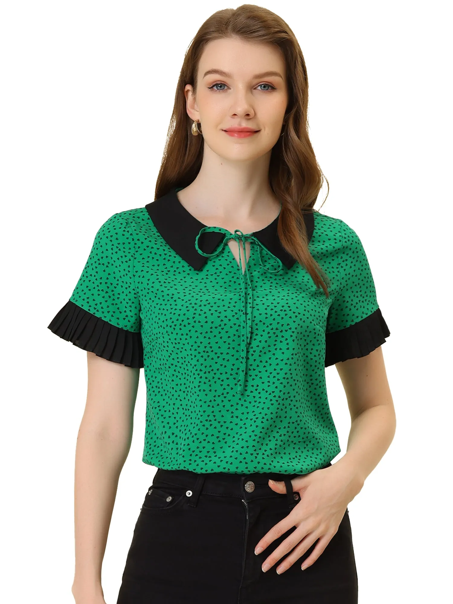 Contrast Doll Collar Polka Dots Tops Short Sleeve Blouse